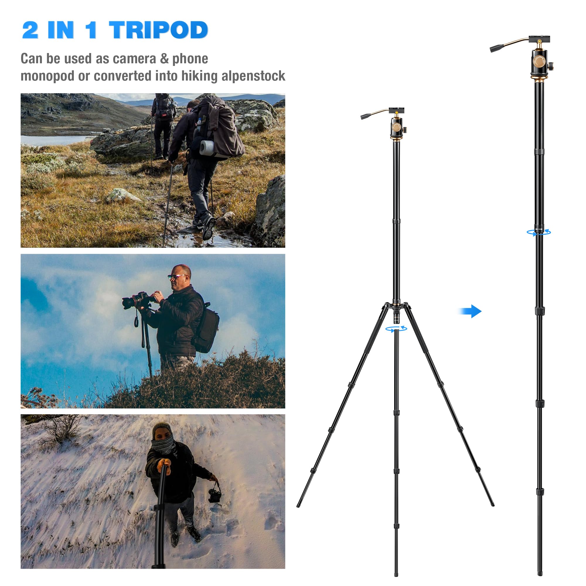 Yotilon Tripod For Camera 77.2'', Aluminum Camera Tripod & Monopod With Removable Handle And 360°Ball Head Payload 17.6Lb, Lightweight Travel Tripod For Dslr With Carry Bag For Travel And Work