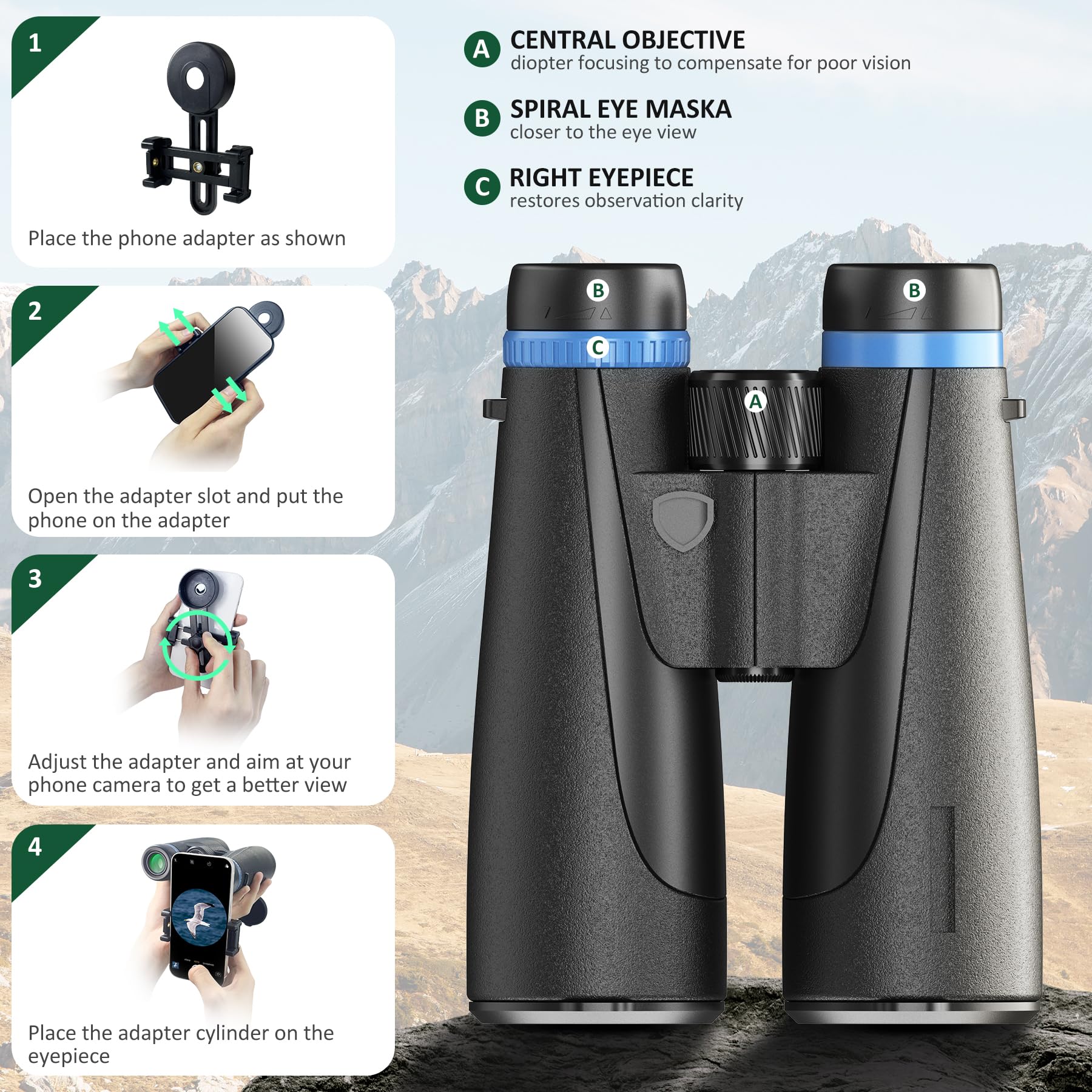 Lanpool 12X50 Hd Binoculars For Adults High Powered, Binoculars For Bird Watching With  Binoculars Phone Adapter, Large View Binoculars For Adults, Lightweight Binoculars For Long Distance