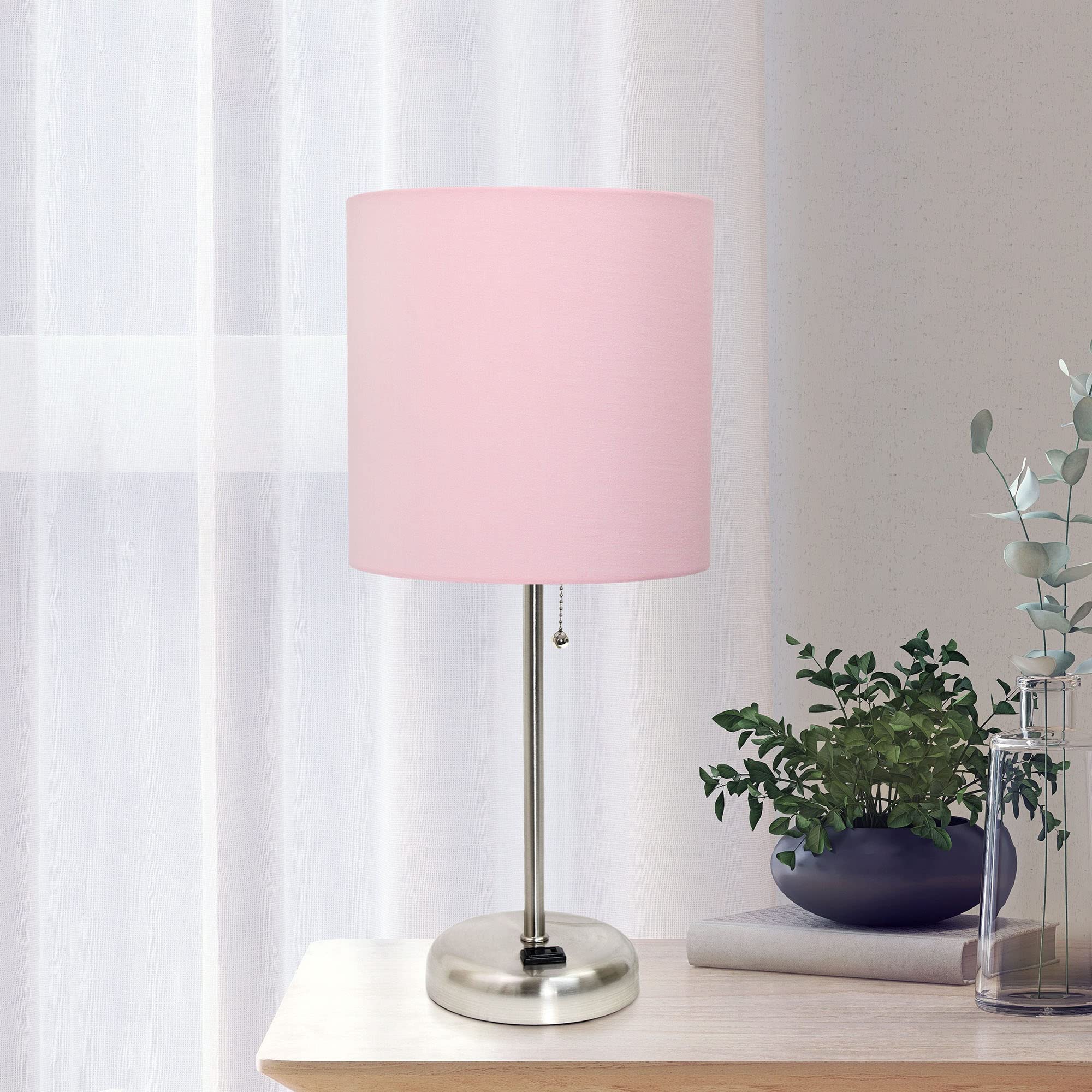 Creekwood Home Oslo 19.5" Contemporary Bedside Power Outlet Base Standard Metal Table Desk Lamp In Brushed Steel With Light Pink Drum Fabric Shade