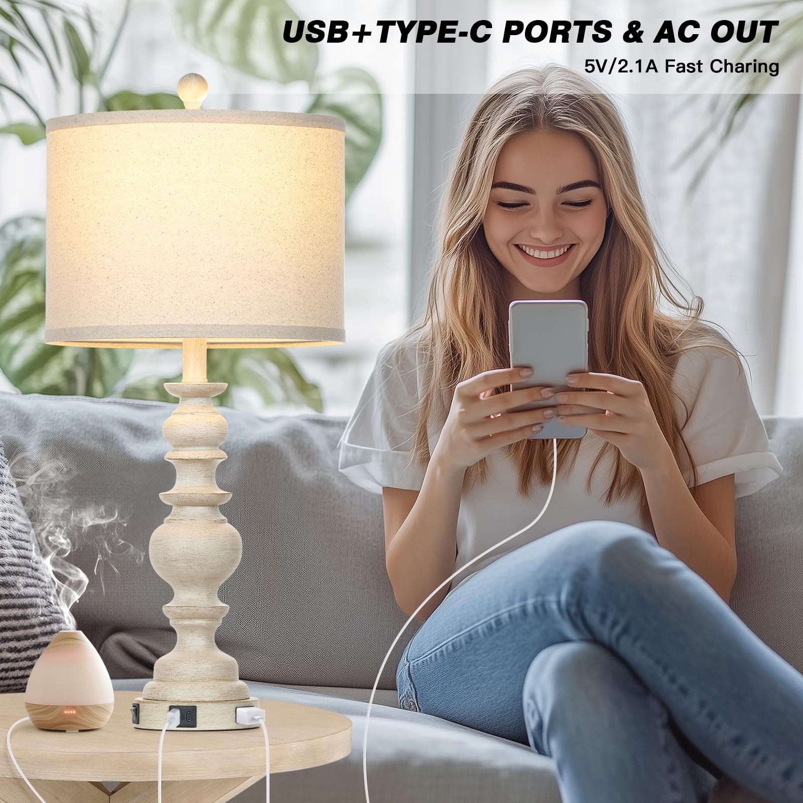 Ruzectt 27.5" Farmhouse Table Lamps Set Of 2, Rustic Living Room Lamps With Usb C+A Ports & Ac Outlet, Vintage Bedside Lamps With Linen Shade, Tradition Bedroom Lamps For Nightstand Side End Table Desk, Beige