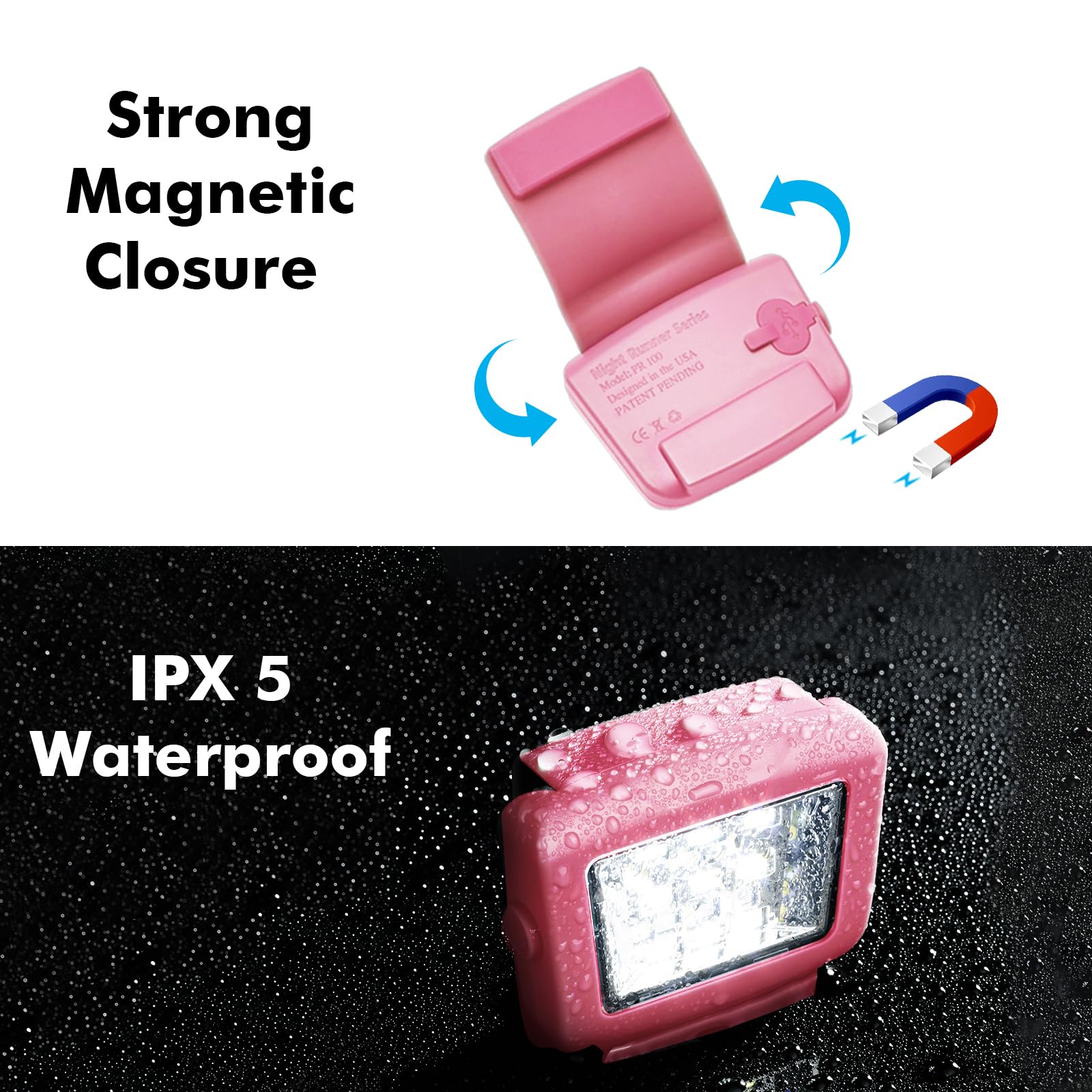 Piknroll Running Lights, Waterproof Led Clip-On Light, 300 Lumens, Usb Rechargeable, Suitable For Hiking, Running, Biking, Walking Dog, Car Repair, Emergency(2Pcs,Pink)
