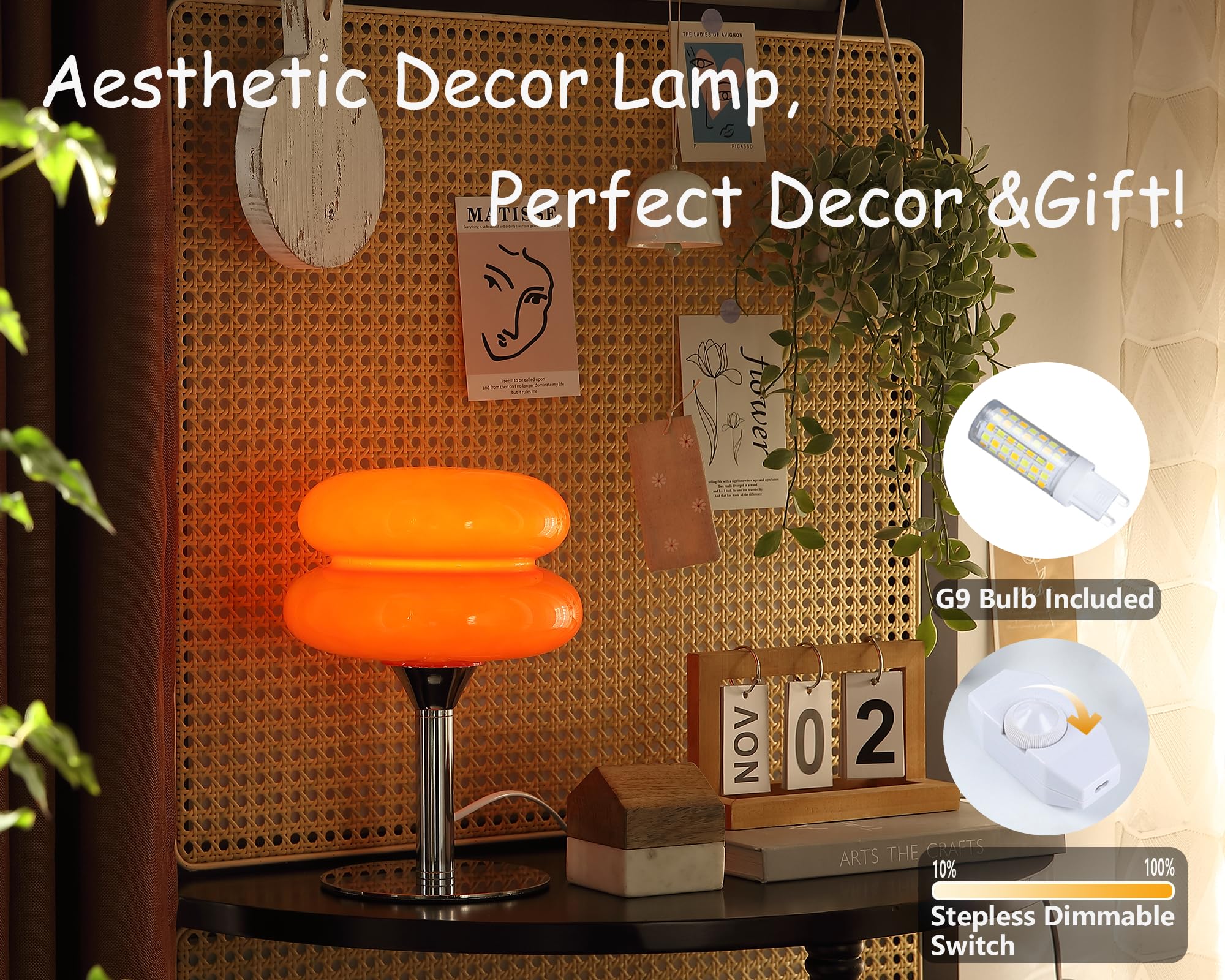 Glivpny Mushroom Lamp For Bedroom,Mid Century Modern Lamp For Nightstand, Dimmable Retro Egg Tart Bedside Small Lamps,Unique Home Mushroom Decor Aesthetic Cute Table Lamps For Living Room (Orange)