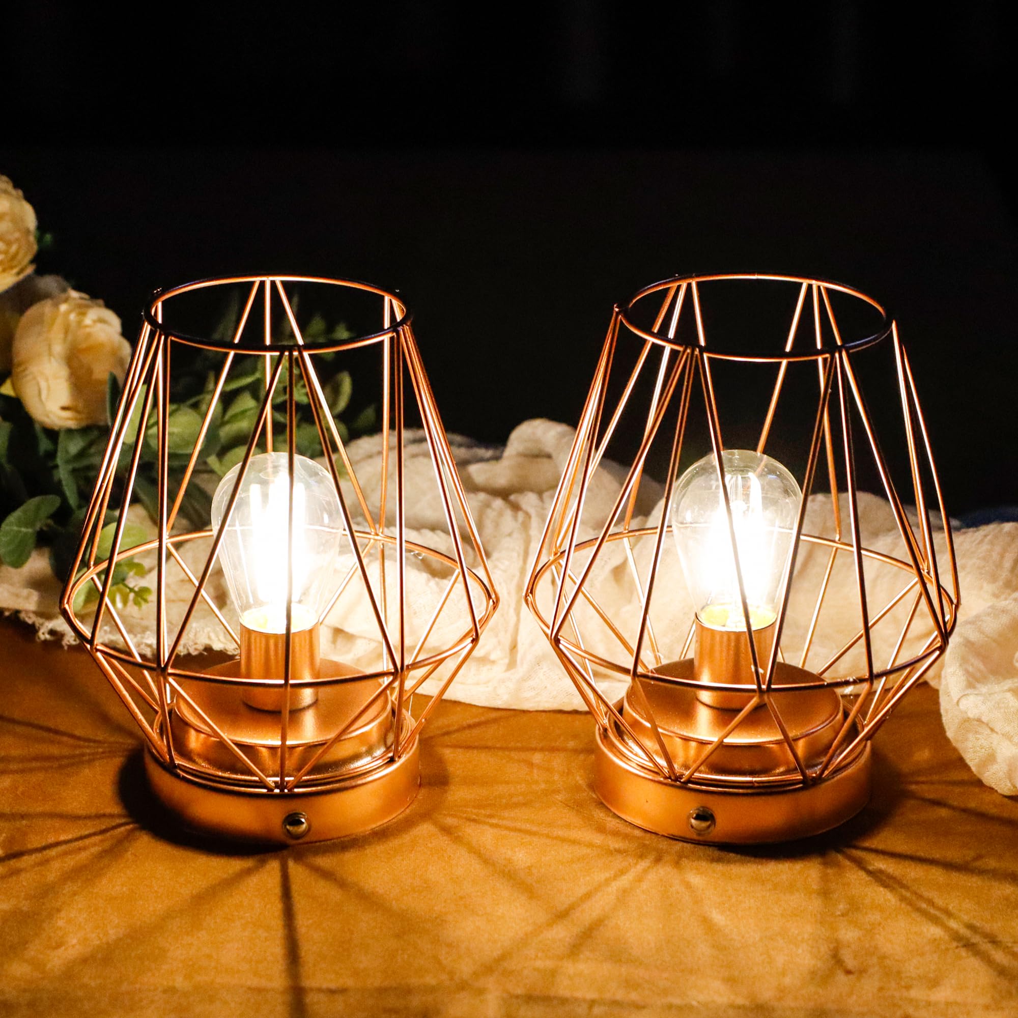 Uni-Gifts Set Of 2 Metal Battery Operated Lamp 7 "H Rechargeable Bedside Lamps Cage Shape Cordless Table Lamp Touch Dimmable Led Table Lights For Indoor Outdoor Bedrooms Office Wedding Parties Patio（Diamond）