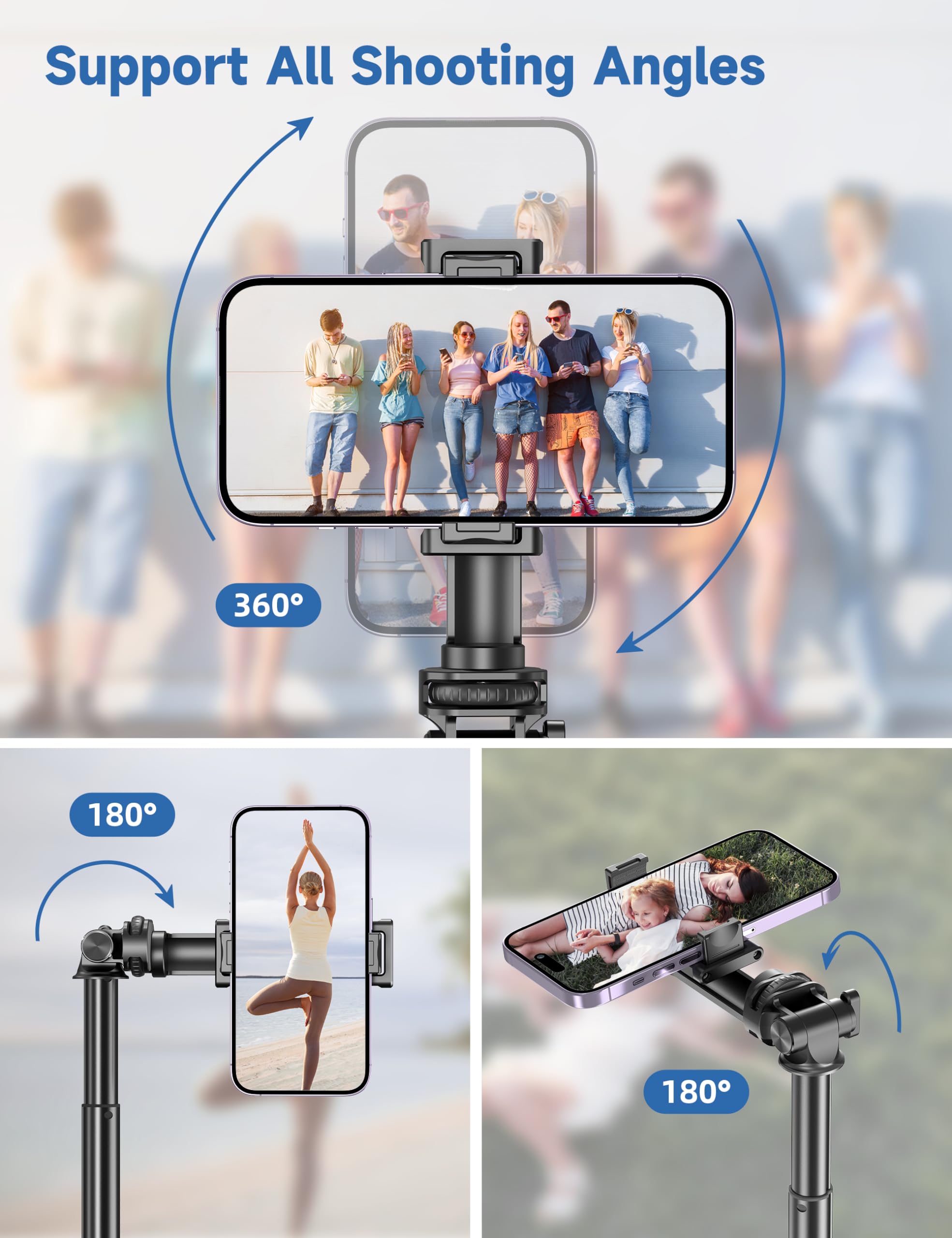 Selfieshow 75" Phone Tripod, Selfie Stick Tripod With Remote And Phone Holder, Extendable Tripod For Iphone, Aluminum Cell Phone Tripod Stand 360° Rotation Travel Tripod Compatible With Iphone Android, Gopro
