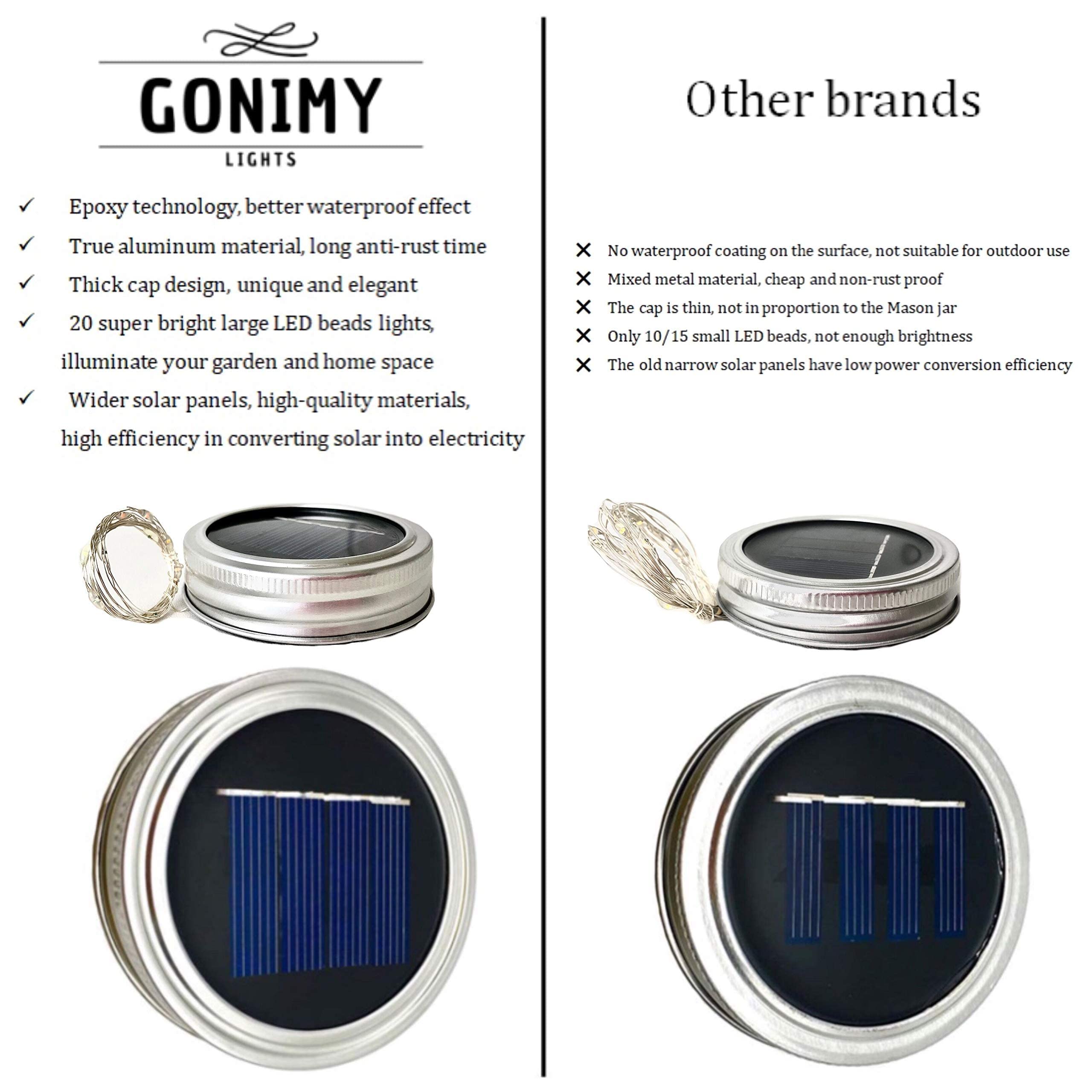 Gonimy Solar Mason Jar String Lights Lid, [d] 9 Pack 20 Led Antirust Waterproof Fairy Firefly Jar Lids Lights With 9 Hangers (Jars Not Included) For Patio Garden Wedding (Cool White)