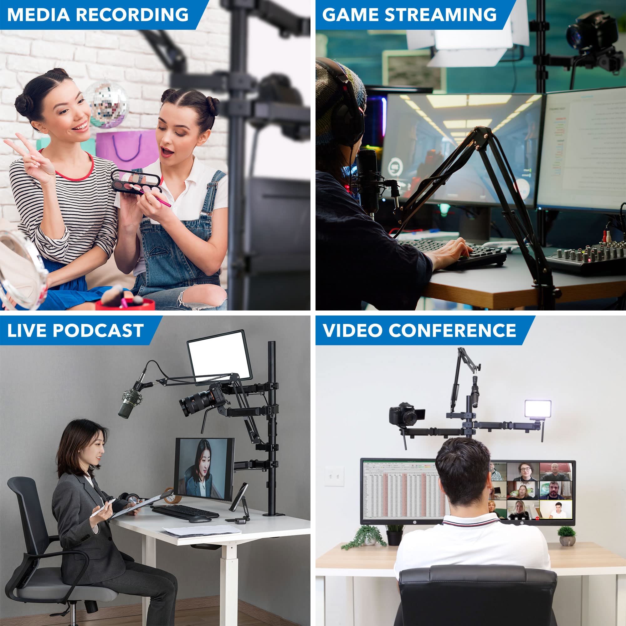 Mount-It All In One Live Streaming Equipment 4 Arm Desk Mount That Holds Monitor, Cameras And Ring Light With Mic Desktop Stand Set, Youtube Setup For Recording Facebook