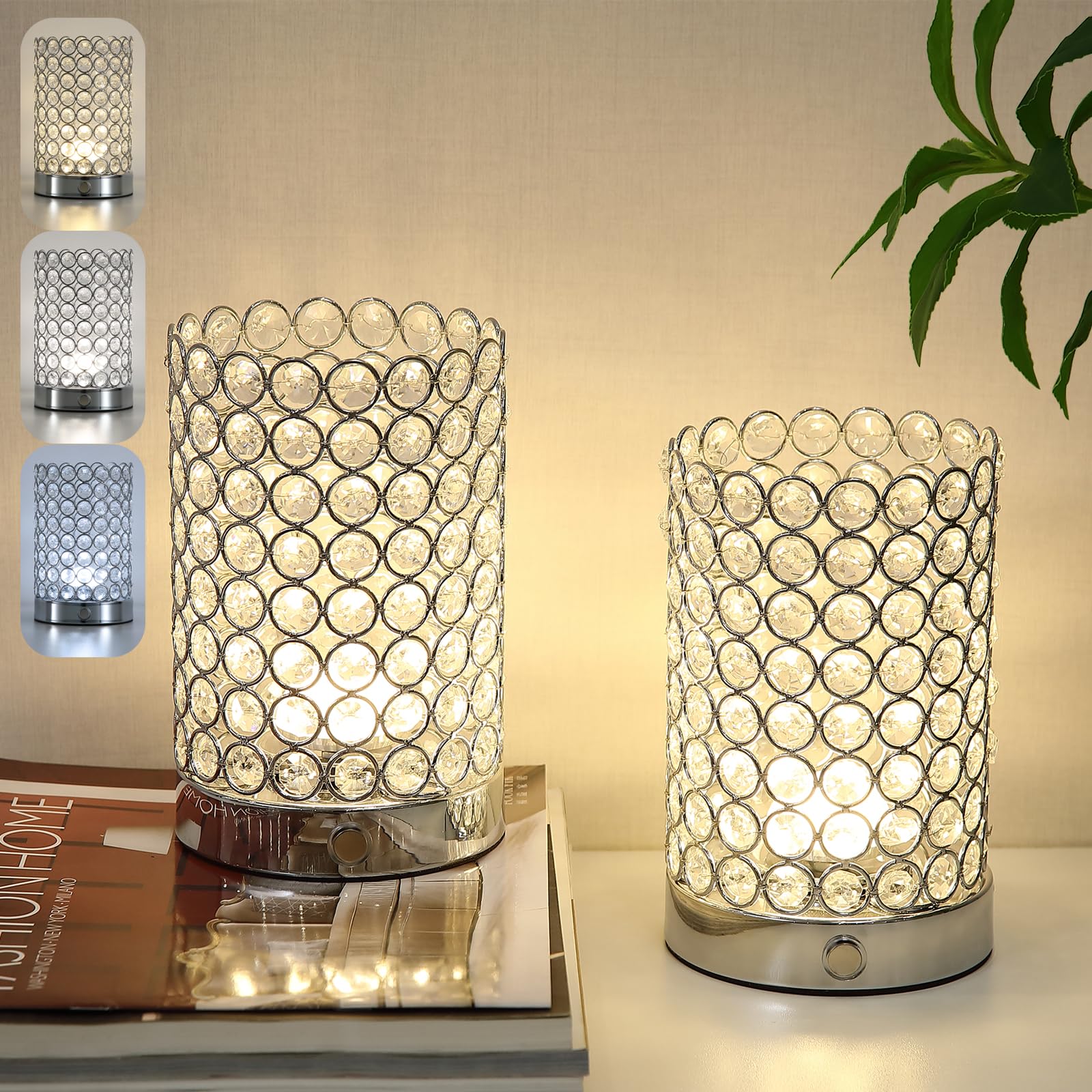 Briglusear 2 Pack Battery Operated Crystal Table Lamps,Small Cordless Rechargeable Lamp With 3 Color Temperature,Chrome Portable Led Bedside Night Light For Living Room Bedroom Kitchen Dining Room