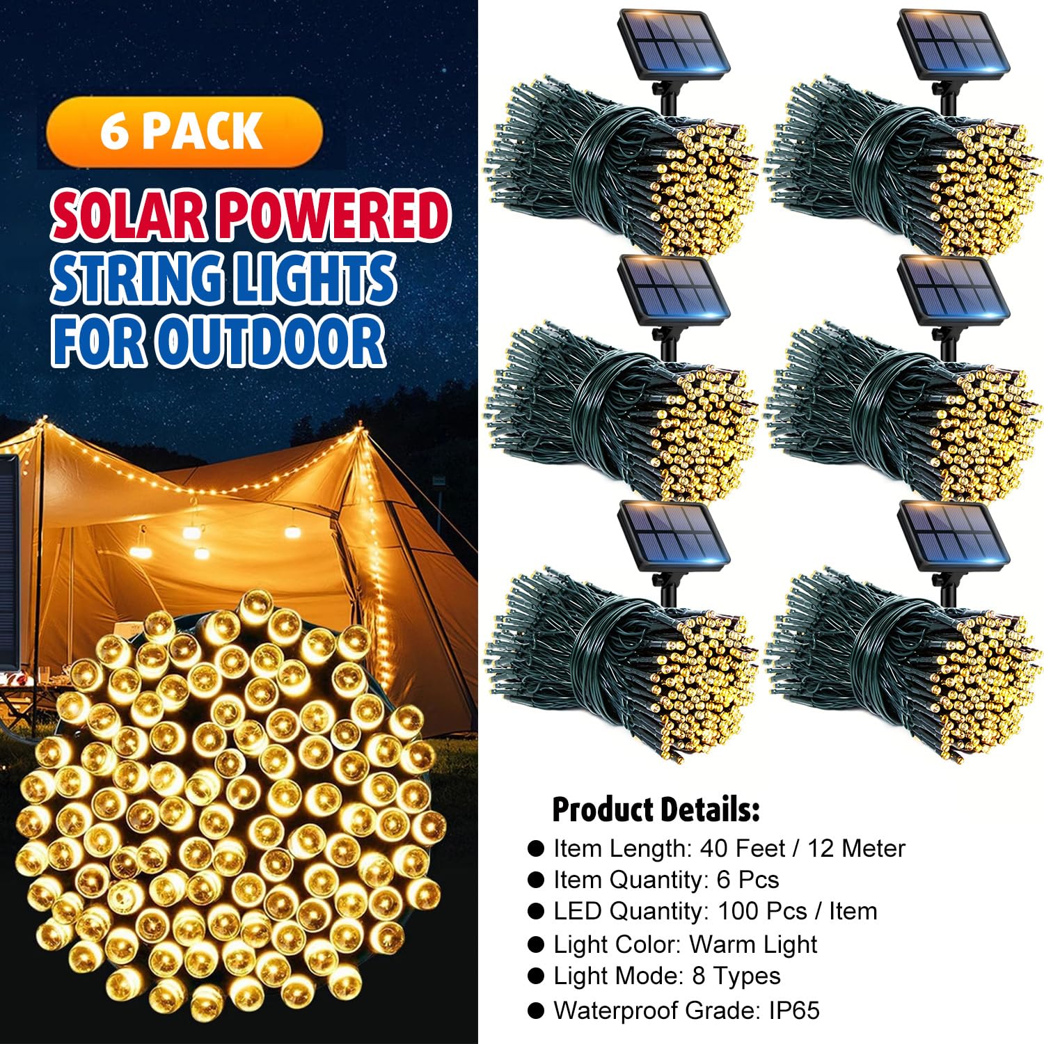G.Catacc 6-Pack Outdoor String Lights Solar Powered, Total 240Ft 600 Led 8 Modes Waterproof Solar Fairy Lights For Outside Tree Patio Yard Holiday Decor (Warm White)