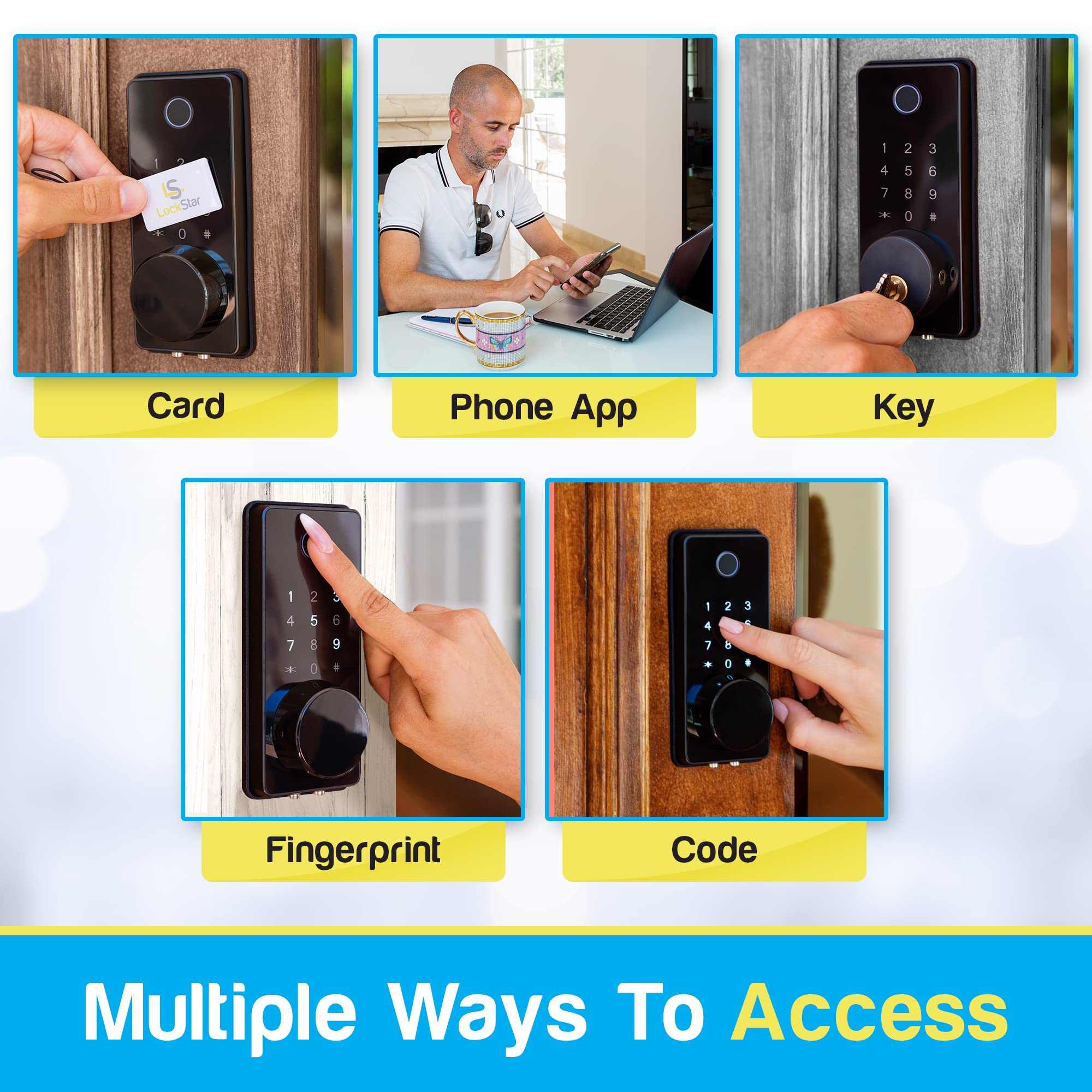 Lockstar Smart Door Lock • Keyless Entry Deadbolt Door Lock • Multiple Entry Methods – App • Fingerprint Touch Id • Keypad Code • Card Fob • Traditional Key • Smart Home Devices