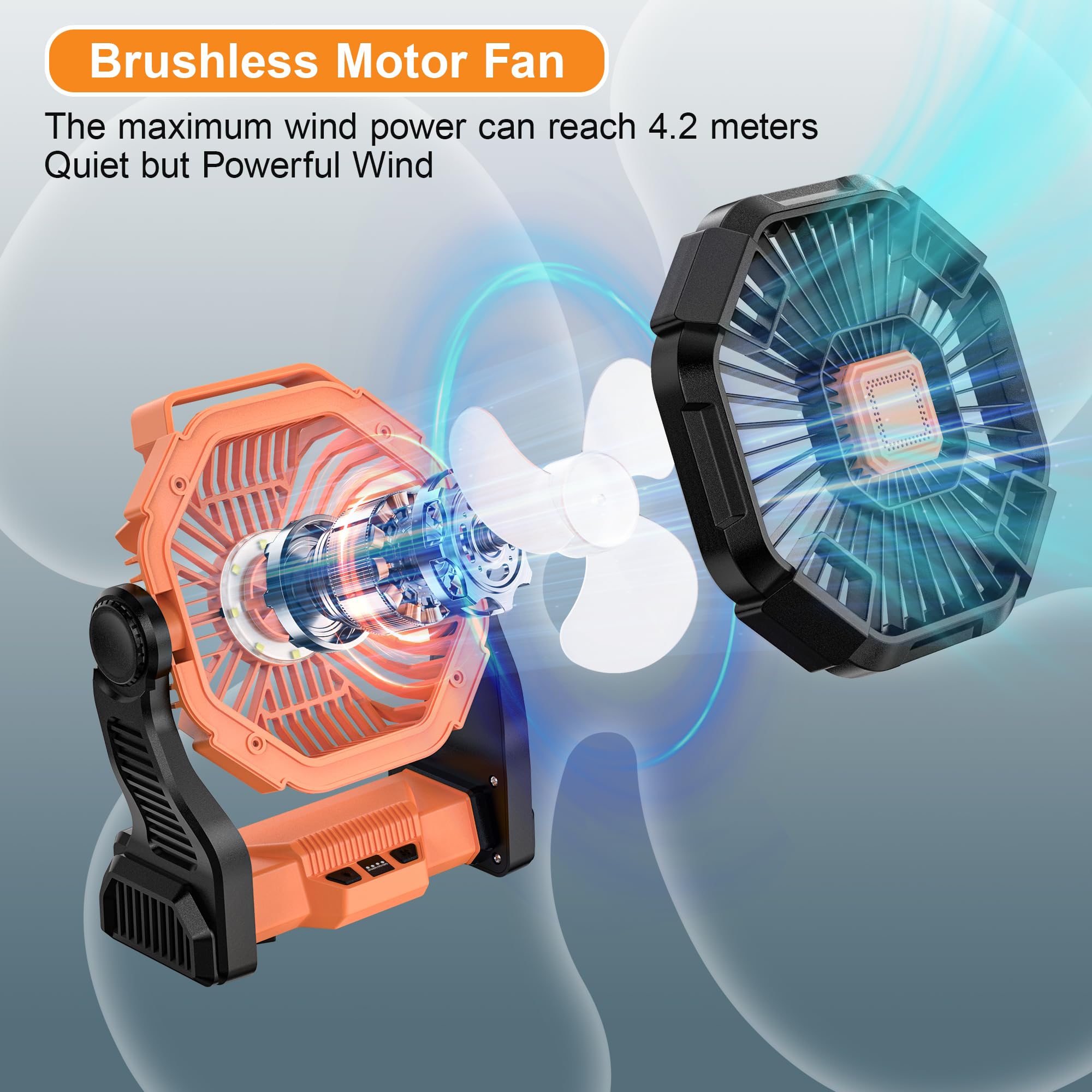 Camping fan with 12000mAh rechargeable battery, portable, battery-operated, and includes light for outdoor adventures