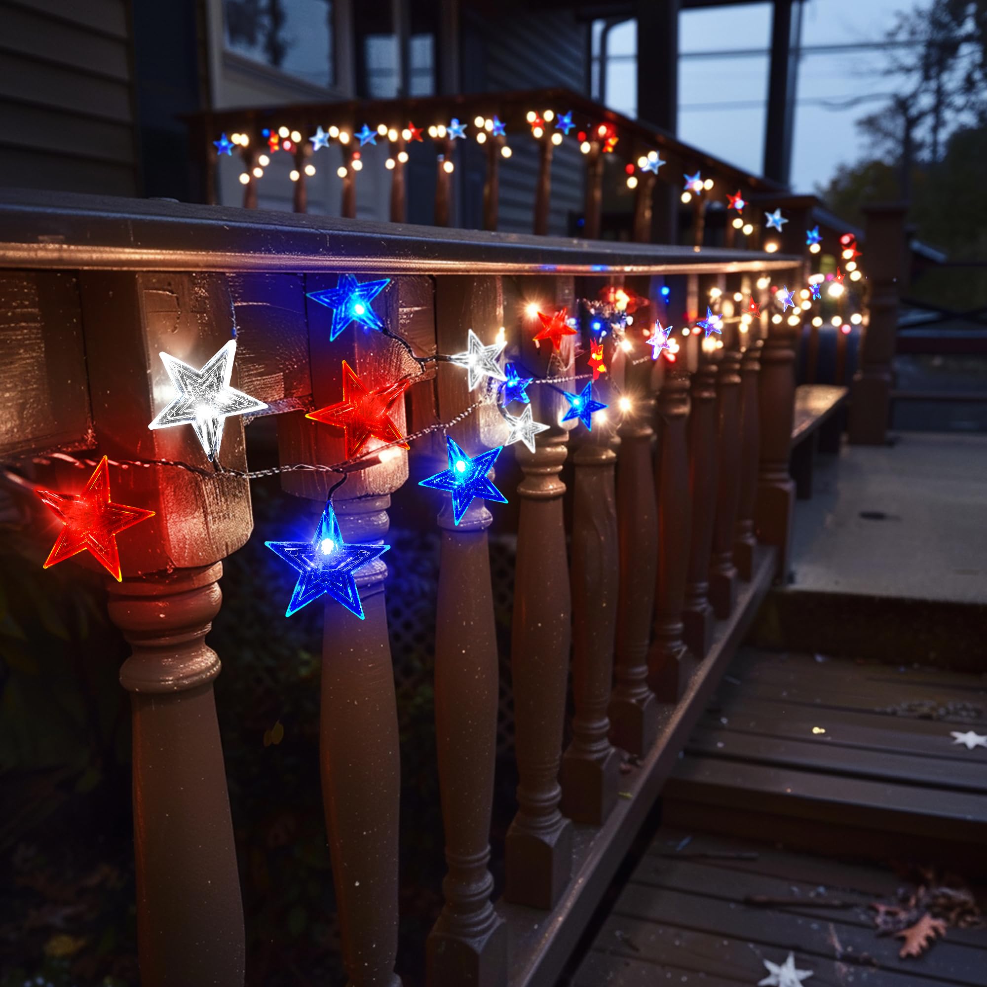 Blctec Solar 4Th Of July Decorations, Red White Blue String Lights With 60 Led Big Stars, Waterproof Patriotic Stars Lights Built In 8 Lighting Modes For Outdoor Memorial Day, July 4Th Decorations