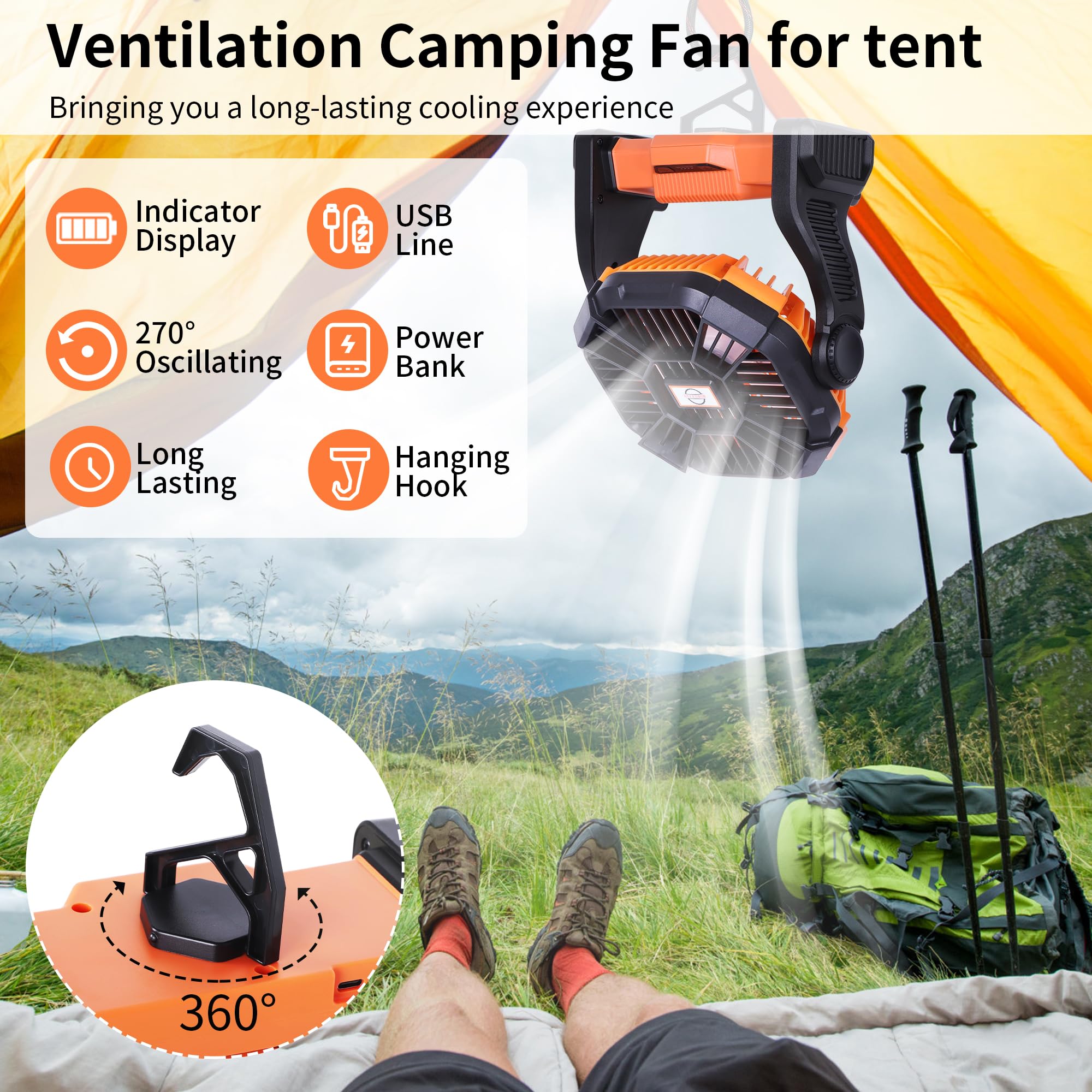 Battery-powered portable fan with 270° pivot, providing adjustable cooling for outdoor activities and camping