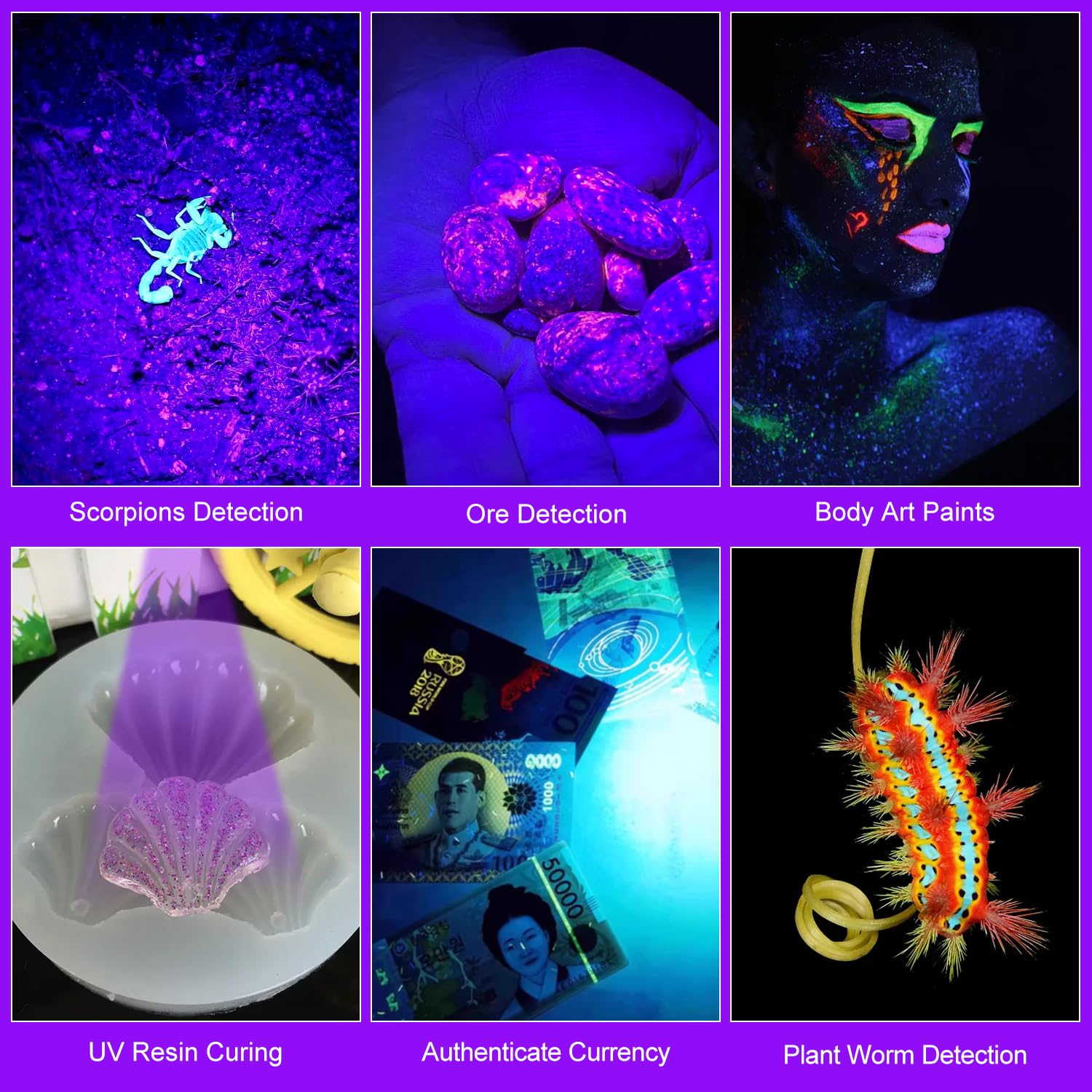 Annteneo Black Light Flashlight, 2Pack Uv Flashlights Usb-C Rechargeable 8Hours Long-Lasting Pure Ultraviolet Light, Fluorescent Detector For Dog,Pet Urine Stains,Flowers Glows,Uv Paint Glows,Hornworm