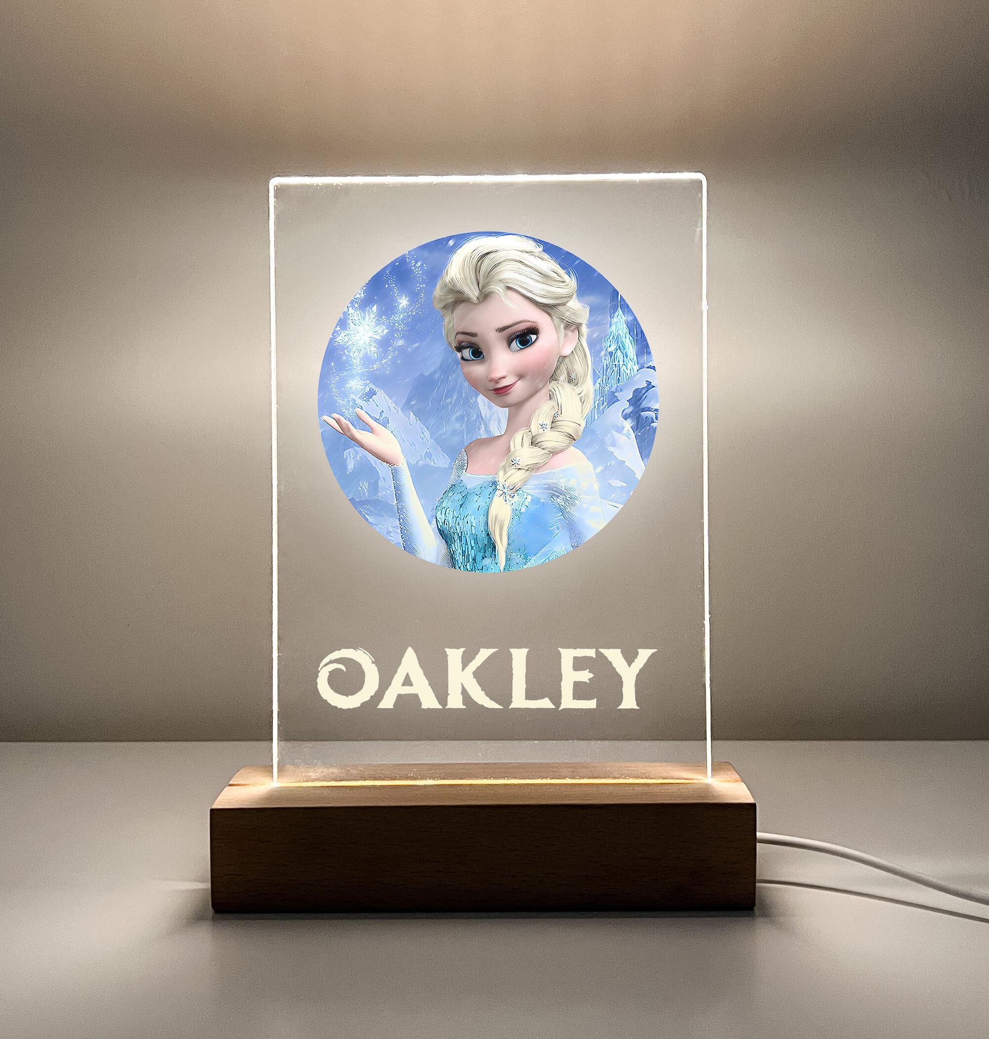 Mirror Mania Frozen Premium Elsa Wood Base Stand Soft Night Light Up Table Desk Lamp Led Princess Sign Personalized Engraved With Your Name On It, Made To Order Home Girls Room Decor, A Must Have