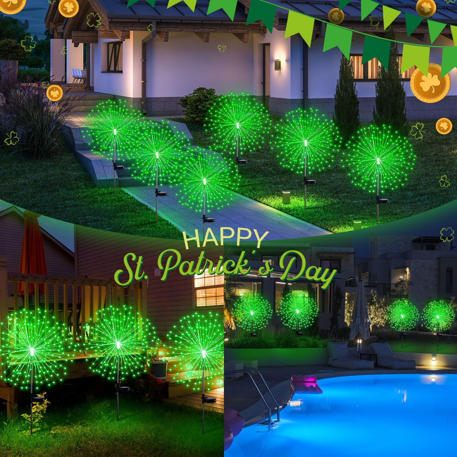 Tujoe 6 Pcs Green Solar Firework Stake Lights 180 Led 8 Modes Waterproof Led Sparkler Lights Outdoor Decoration For Garden Patio Yard Pathway Walkway Lawn Easter Halloween Christmas Wedding Party