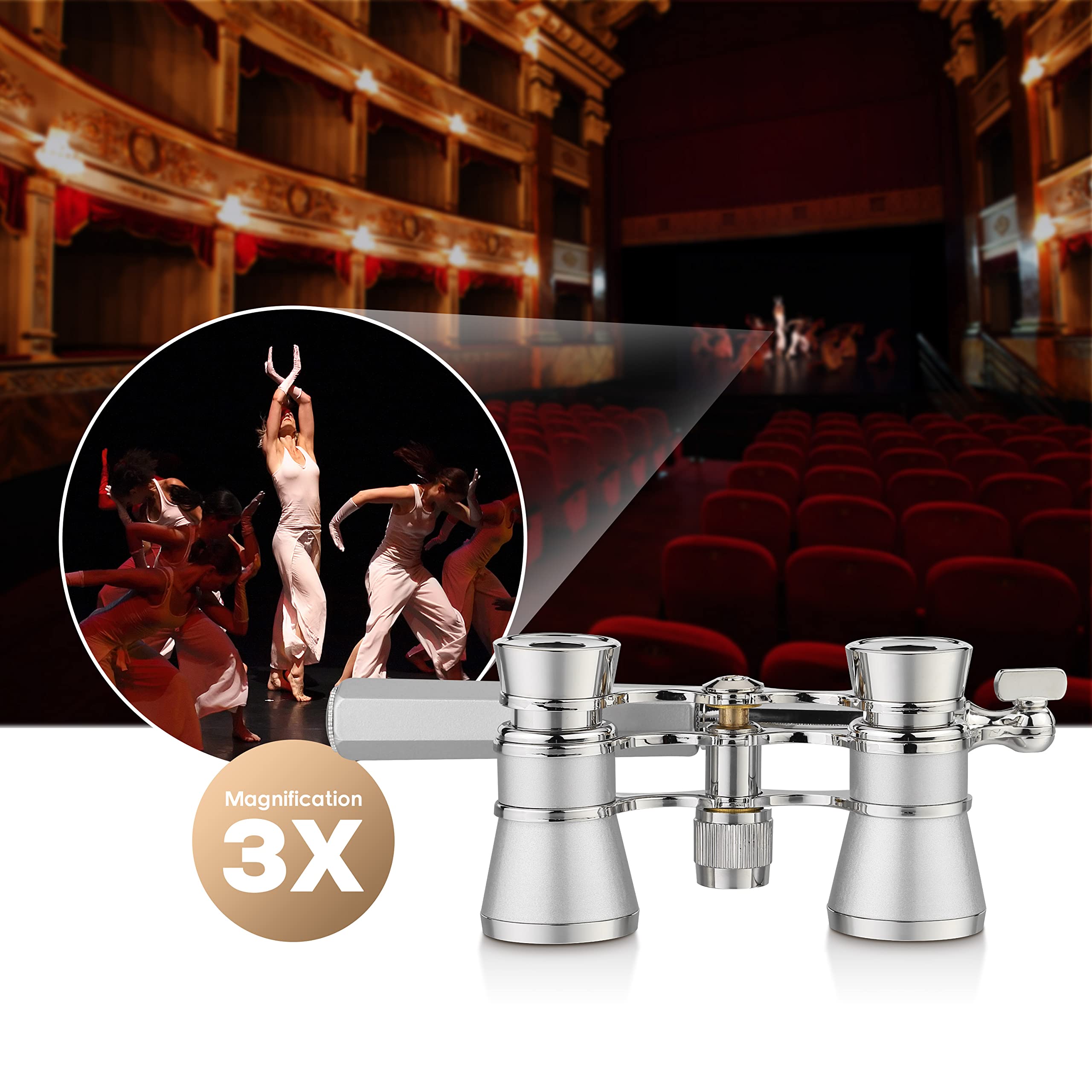 Aomekie Opera Glasses Binoculars 3X25 Lorgnette Theater Glasses Mini Binocular Compact With Handle For Adults Kids Women In Musical Concert（Silver）