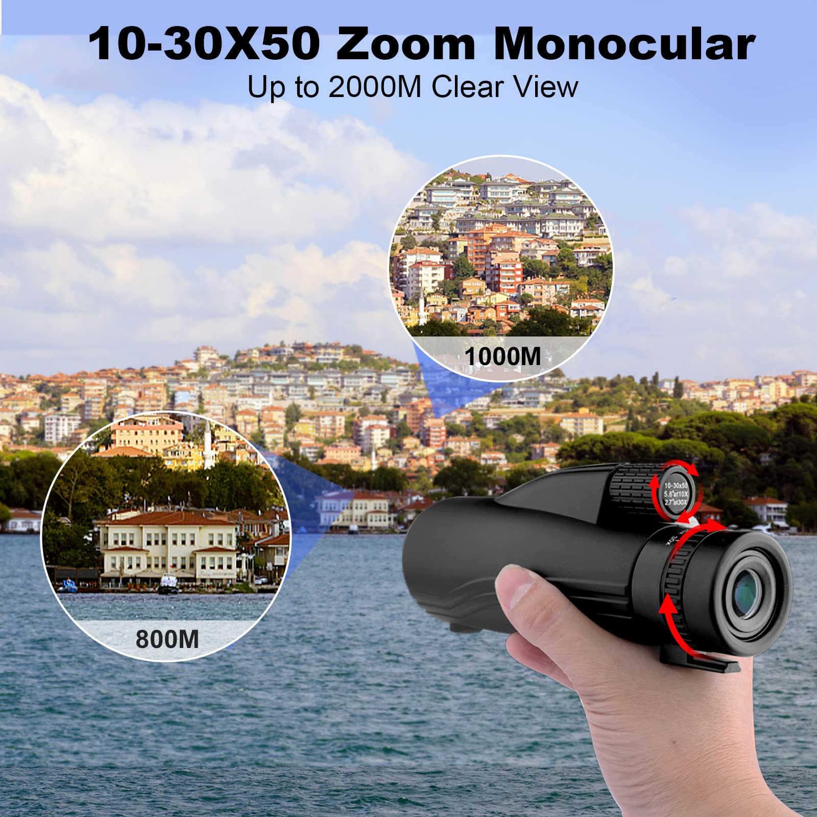 Gtyorus 10-30X50 Monocular Telescope - Low Night Vision Hd Monoculars With Smartphone Adapter & Tripod Waterproof Bak4 Prism - High Power Long Range Scope For Bird Watching Travel Camping Hiking