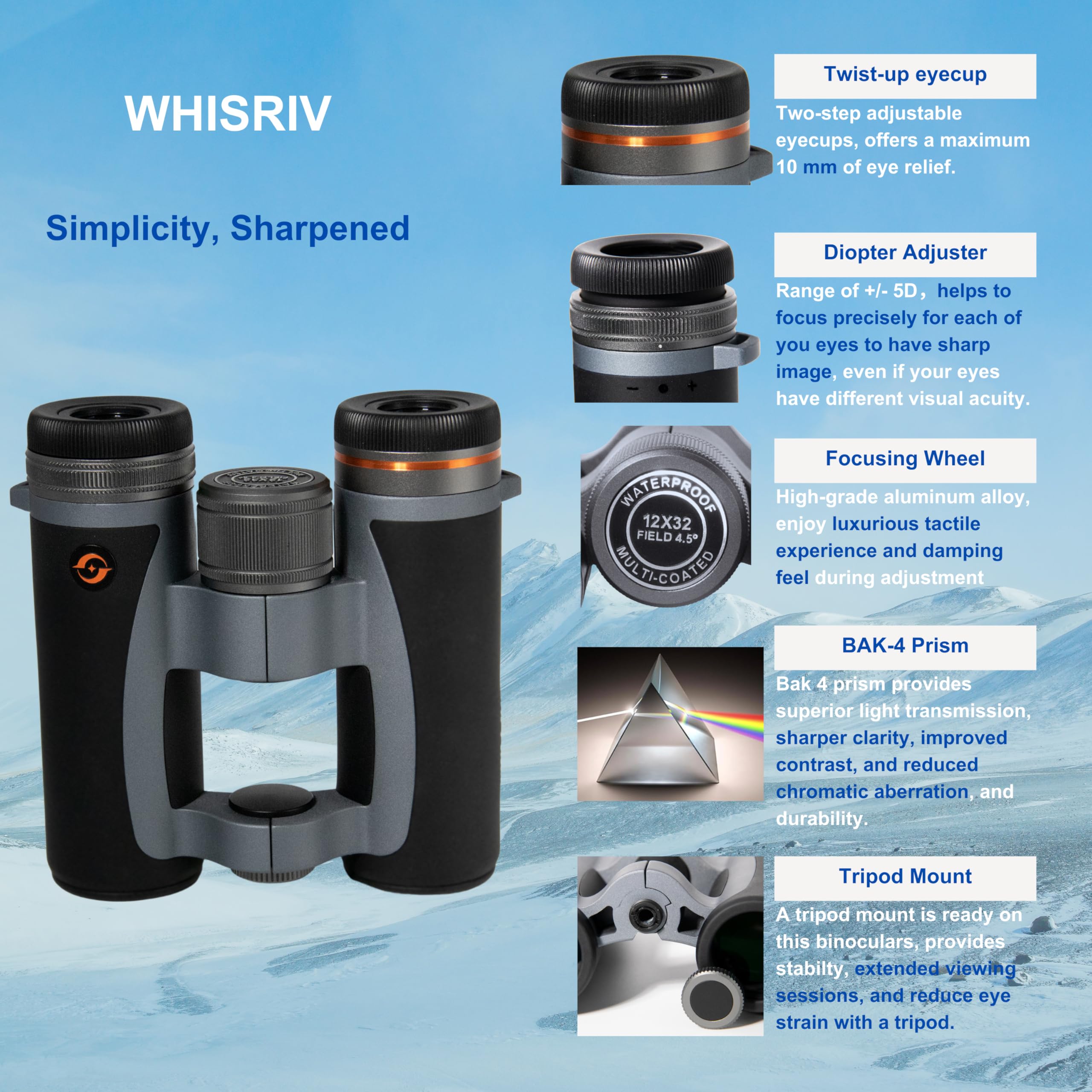 Whisriv 12X32 Compact Binoculars For Adults High Powered, Fmc, Bak-4 Prism, Easy Focuse, Low Light Vision, Waterproof, Shockproof, Fogproof, For Sports, Bird Watching, Concerts, Travel, Cruise