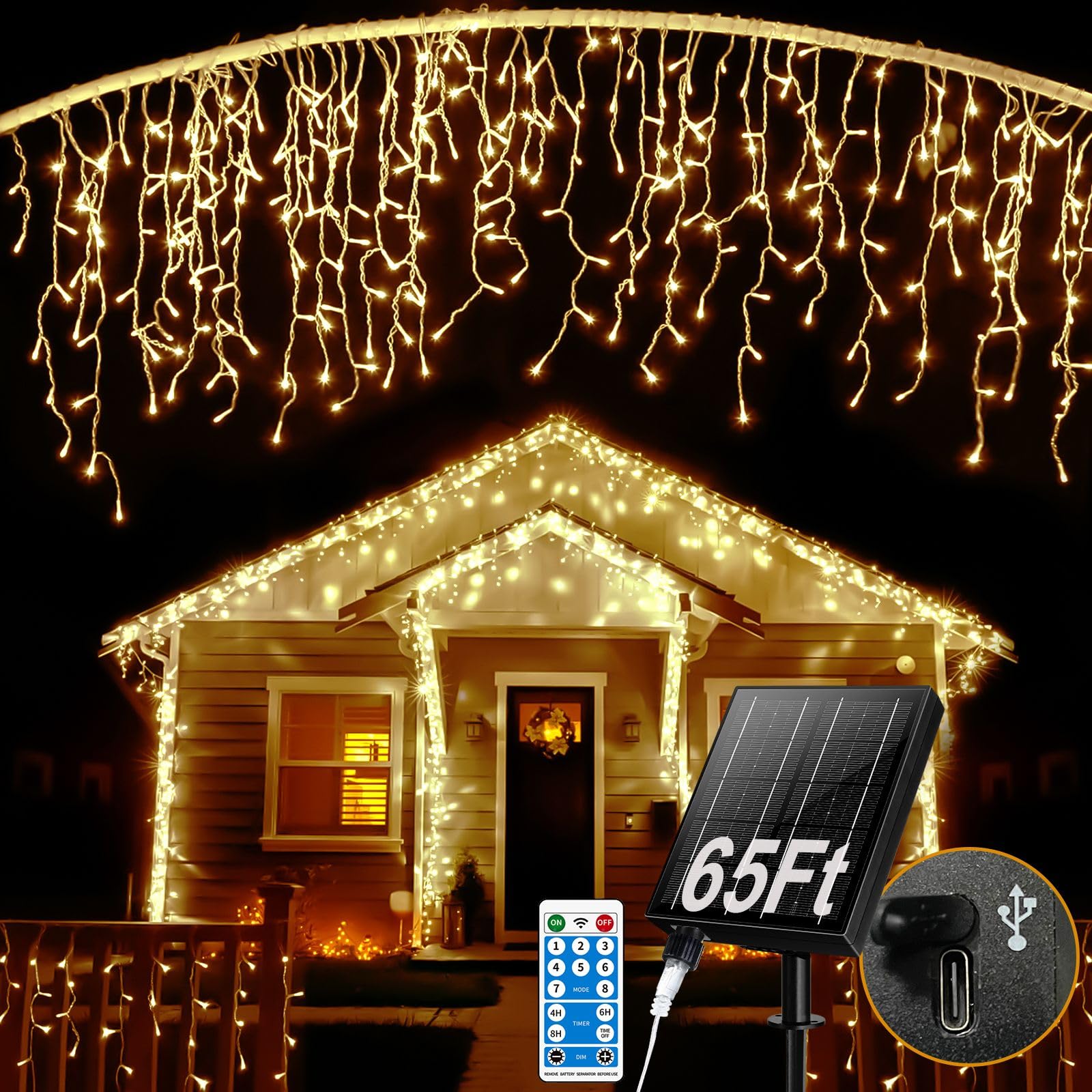 Ryblgled Solar Icicle Lights For Outside - 65Ft 506 Led Icicle Christmas Lights Outdoor Waterproof With Remote, Warm White Solar Powered Icicle String Lights With 101 Drops For Wedding Porch Decor