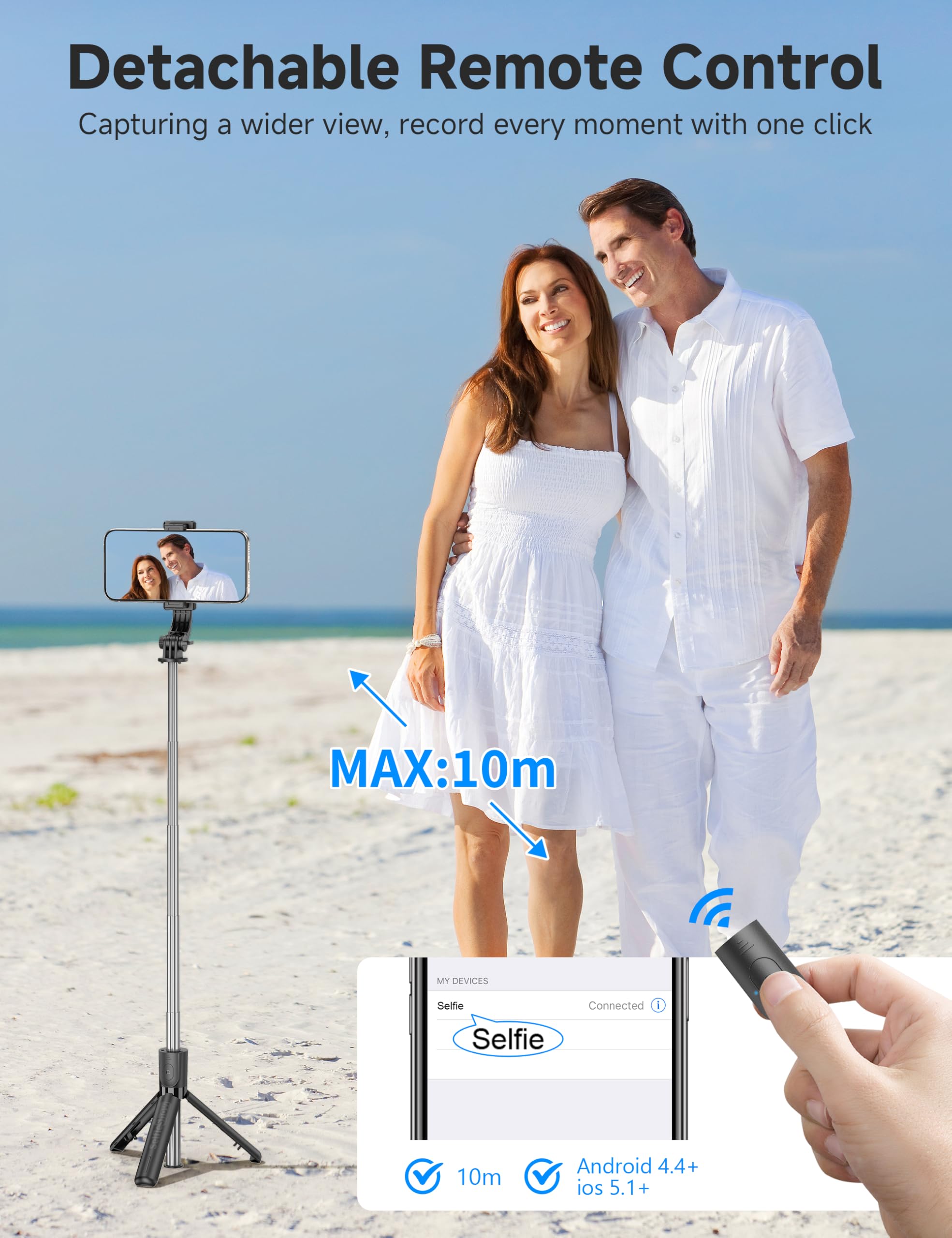 Selfieshow Portable Selfie Stick, 4 In 1 Extendable Phone Tripod Stand With Detachable Wireless Remote & Phone Holder 360° Rotating Mini Travel Tripod Compatible With Iphone 16/15/14/13 Pro/Android/Gopro