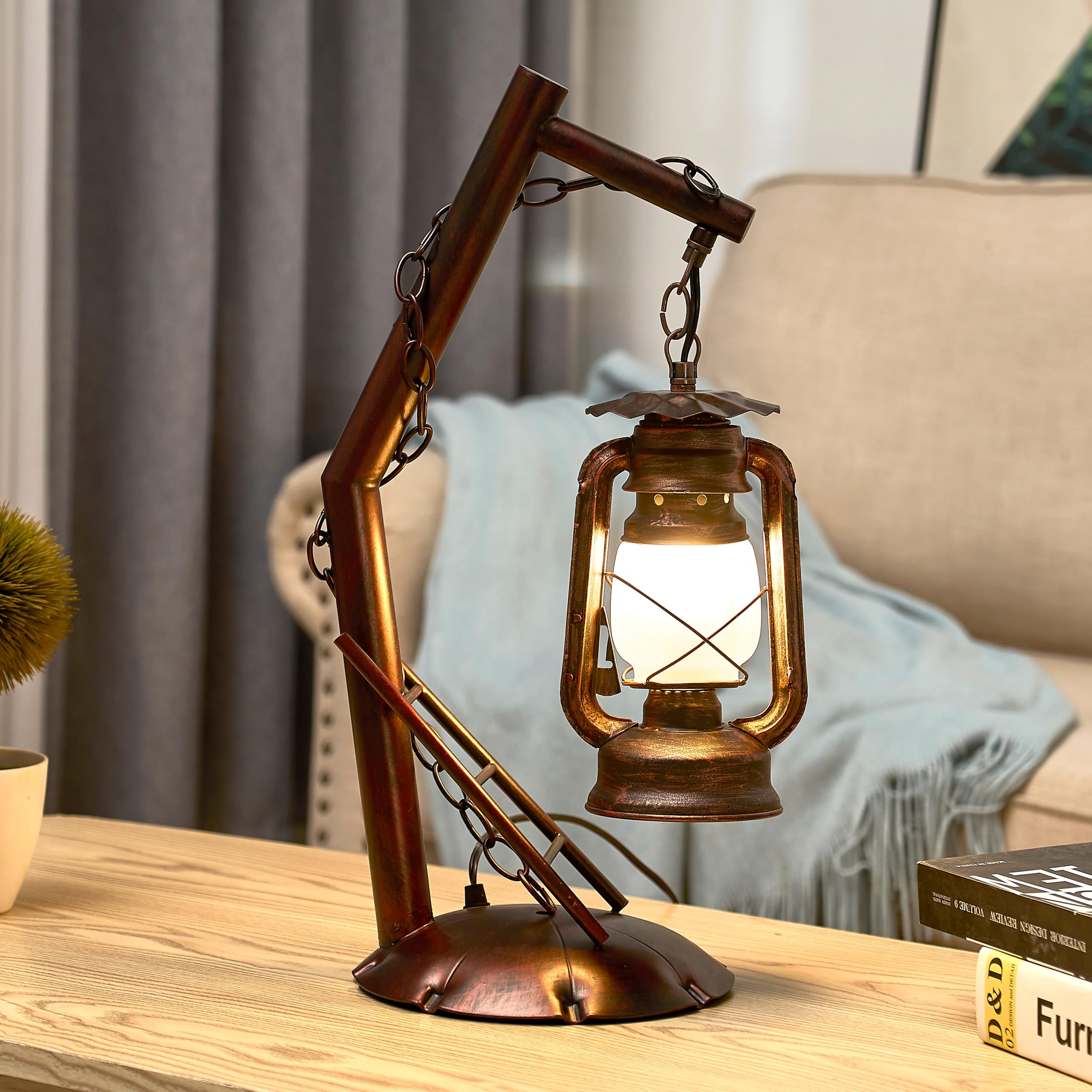 Braveamor Farmhouse Table Lamps Rustic Desk Vintage Lantern Table Lamp Antique Finish Bedside Nightlight Lamp For Bedroom, Office,Living Room (Red Brown Elen Shade, 21×10Inch)