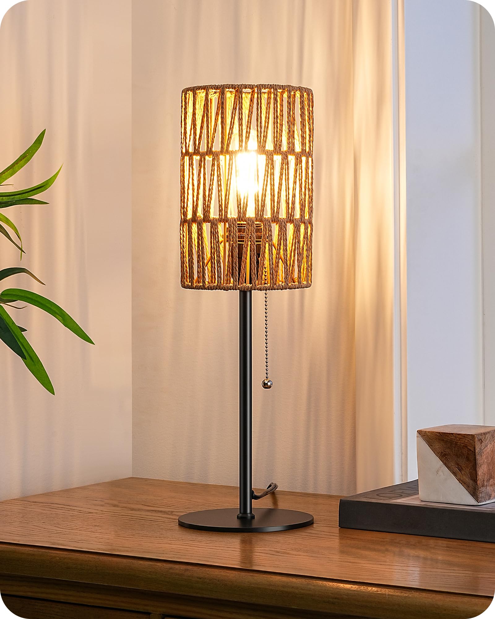 Edishine 19.1" Rattan Table Lamp, Tall Bedside Lamp With W-Knit Lampshade, Pull-Chain Switch & E26 Socket, Metal Base Boho Nightstand Lamp For Bedroom, Living Room, Office