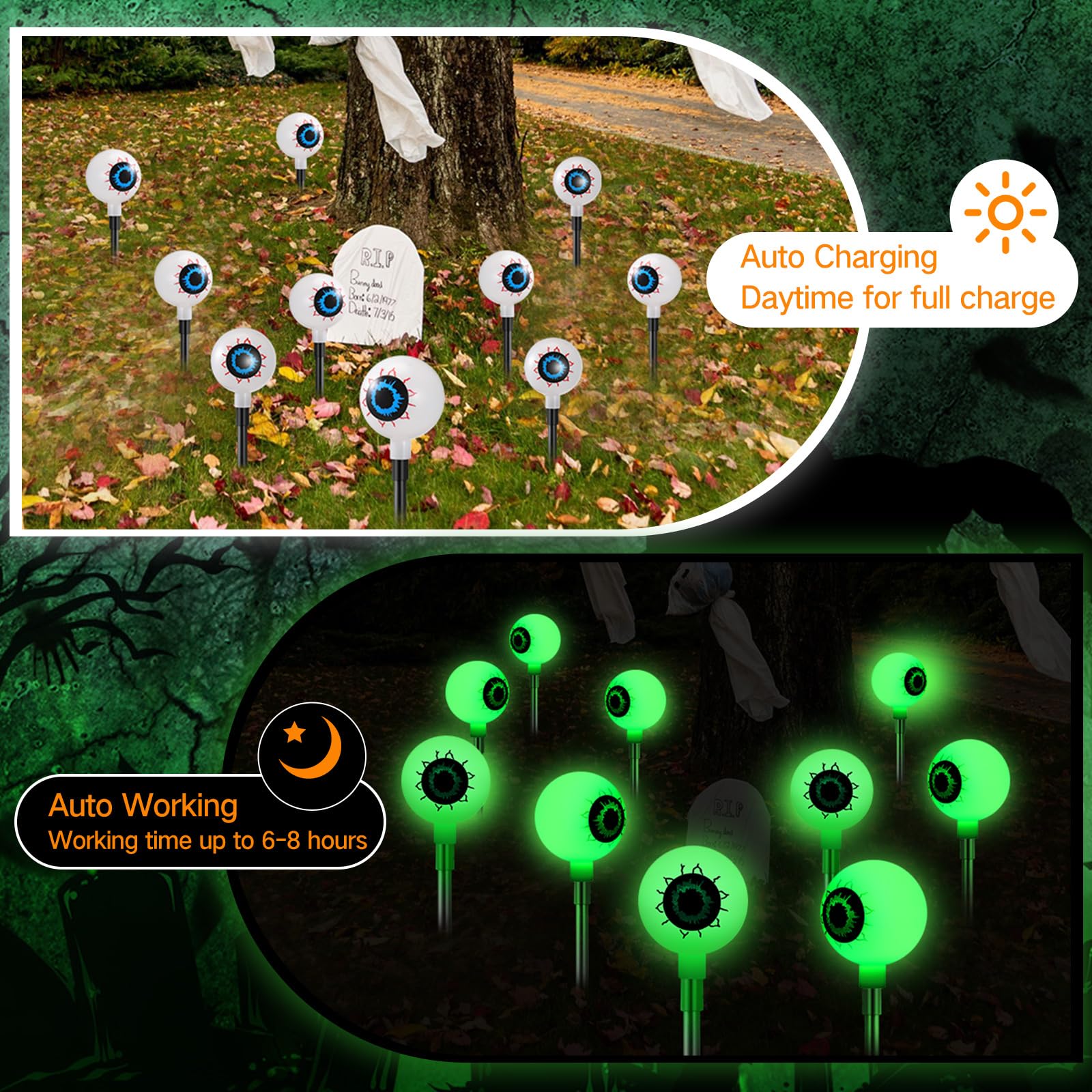 Threan 10 Pcs Halloween Big Eyeball Lights Decorations Solar Eyeball Stake Lights With 8 Modes Outdoor Eyeball Lights Solar Operated Stake Lights Ip44 Waterproof Lights For Pathway Yard Garden