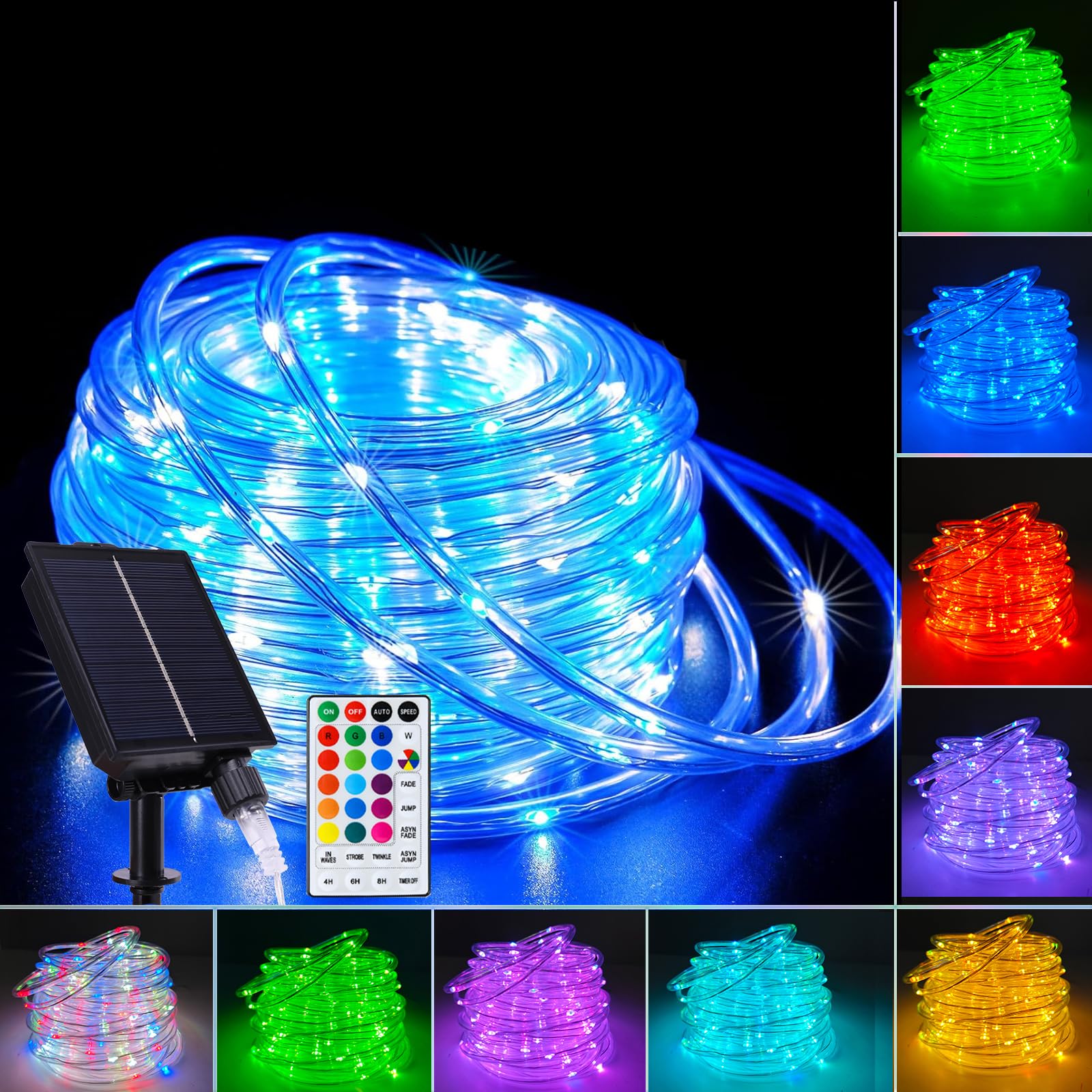 Vigdur 66Ft Solar Rope Lights Outdoor - 200 Leds 18 Color Changing Fairy Lights Outdoor Waterproof With Remote & Timer & 8 Lighting Modes, Indoor Outdoor Lights For Xmas Garden Fence Tree Party