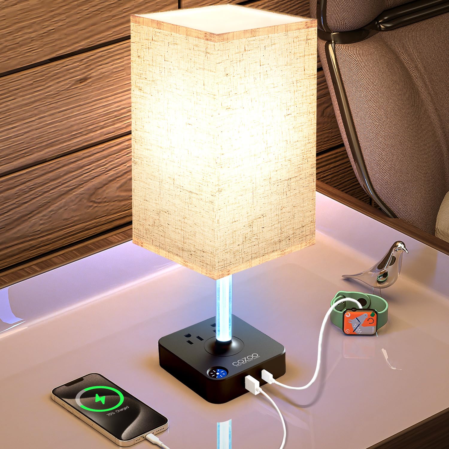 Cozoo 3 Way Dimmable Touch Bedside Table Lamp With 3 Usb Charging Ports 2 Outlets Power Strip,Black Charger Base White Fabric Shade,Led Desk Night Light For Bedroom/Nightstand/Living Room/College Dorm