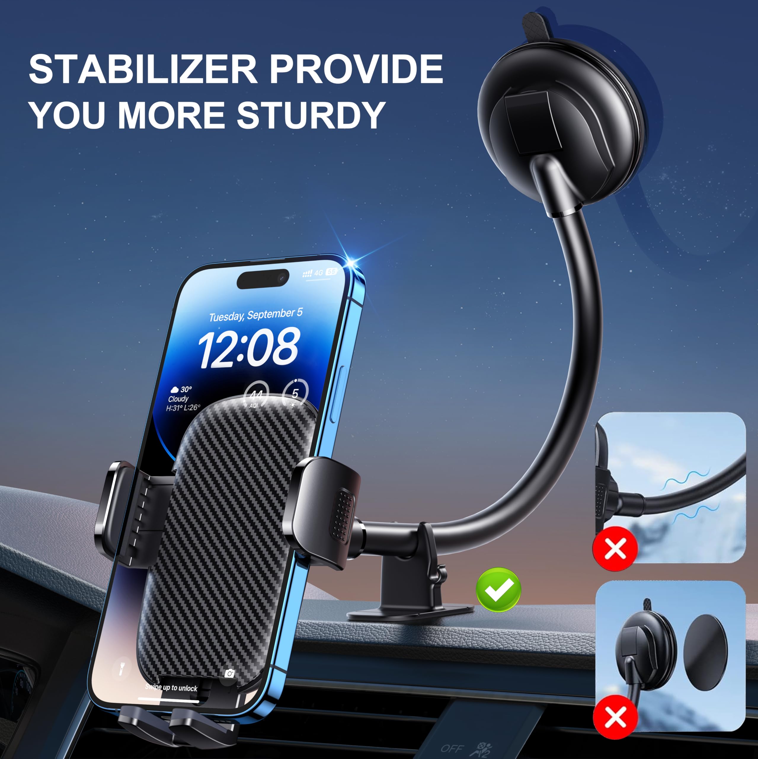 Chiclish Phone Holders For Your Car [Anti-Shake Stabilizer] Cell Phone Car Mount Long Arm Dashboard Windshield Cradle Automotive Accessories Car Phone Holder Fit For Iphone Android Smartphone