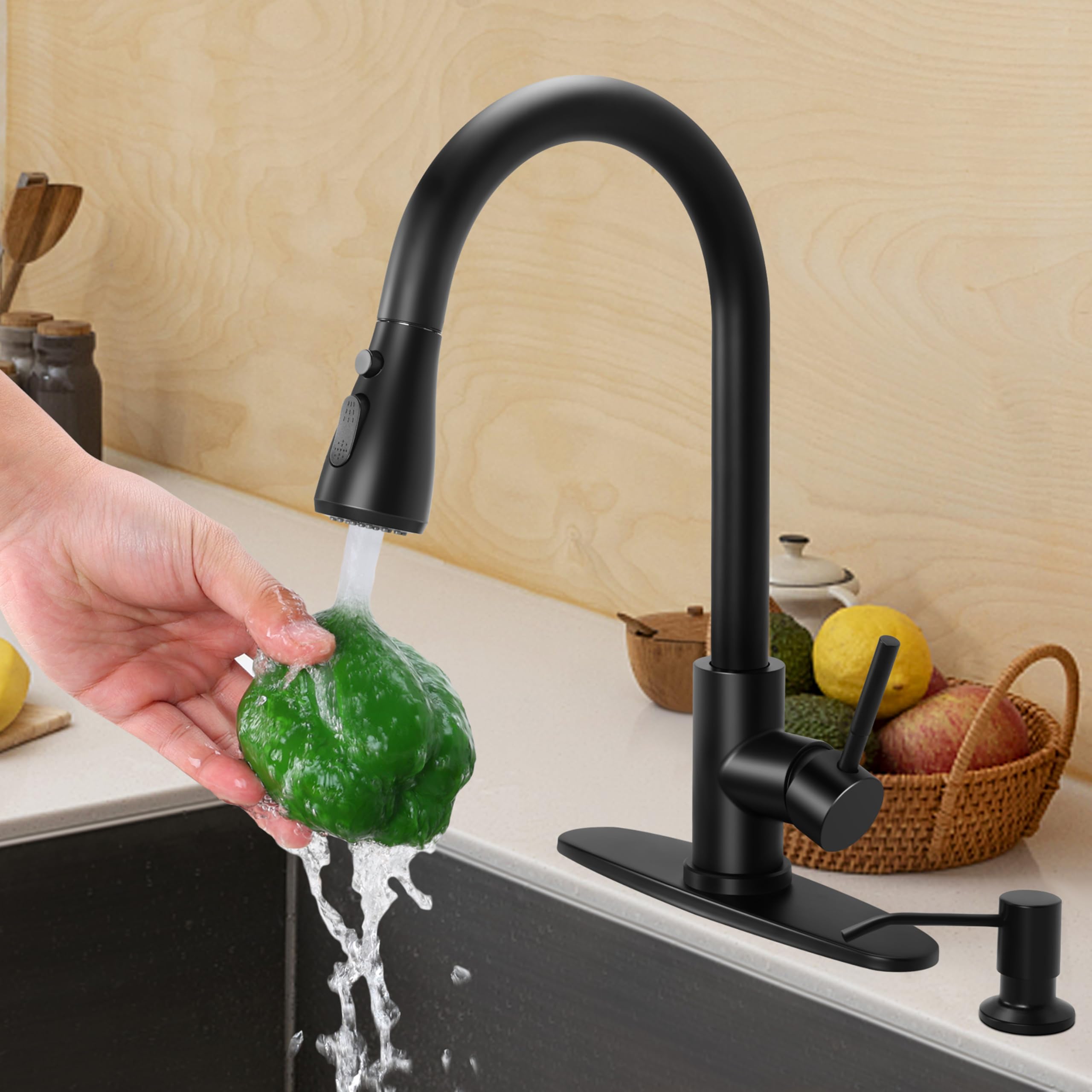 Homikit Matte Black Kitchen Sink Faucet, High Arc Stainless Steel Single Handle Kitchen Faucets With Soap Dispenser For Farmhouse Utility Camper Laundry Rv, Pull Down Sprayer & Deck Plate