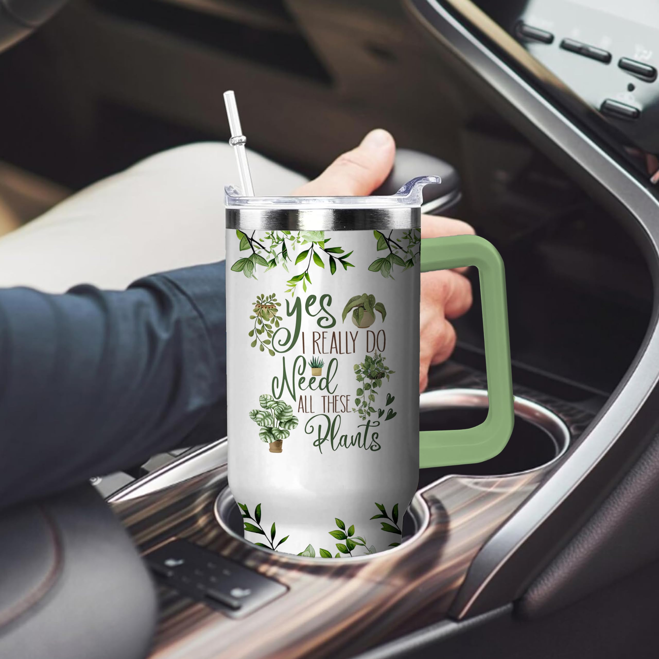 40 Oz Plant Tumbler With Handle And Straw, Double Wall Coffee Travel Mug Leak Proof, Stainless