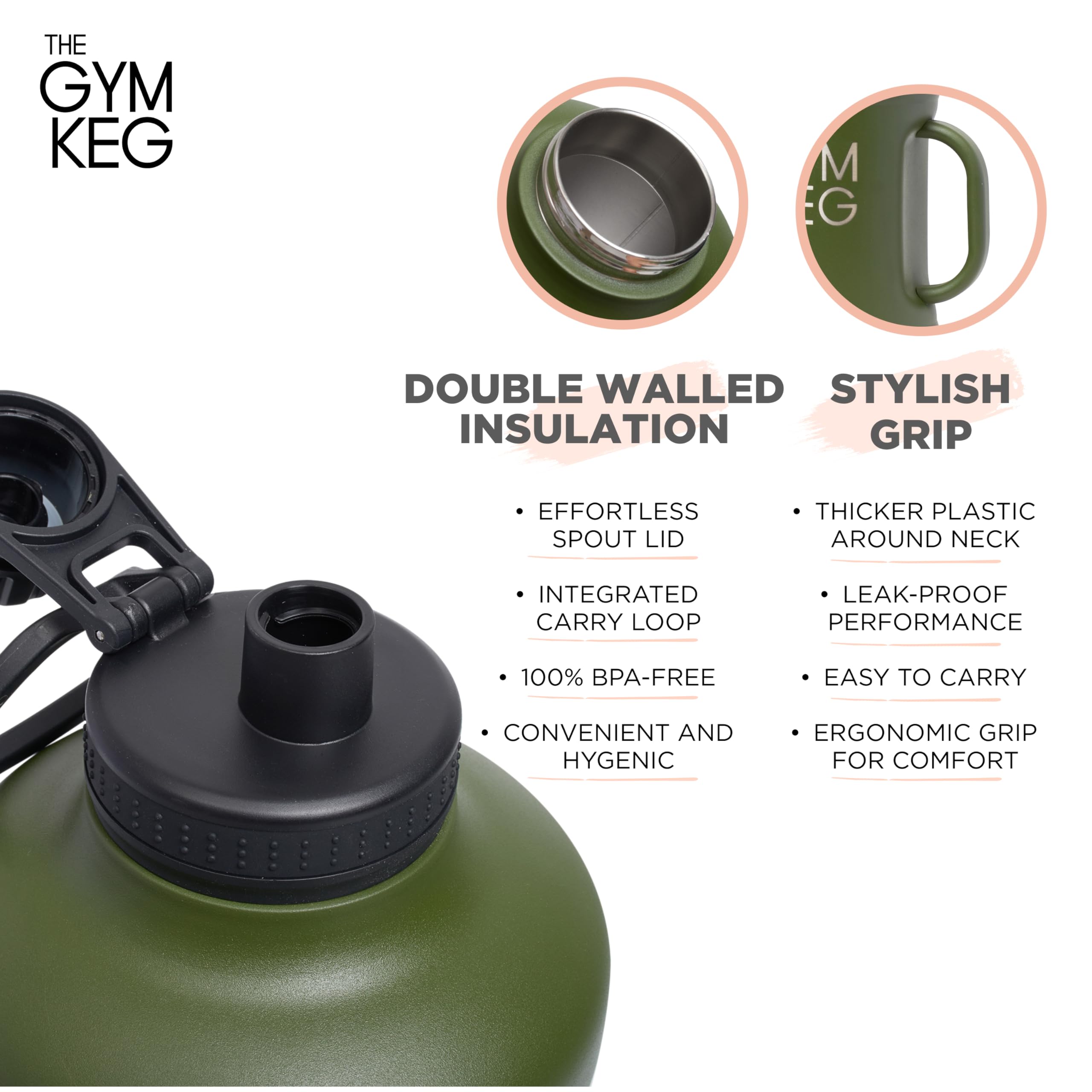 Gym Keg Insulated Water Bottle - 40Oz With Handle And Lid- Big Metal Water Bottle - Easy To Clean