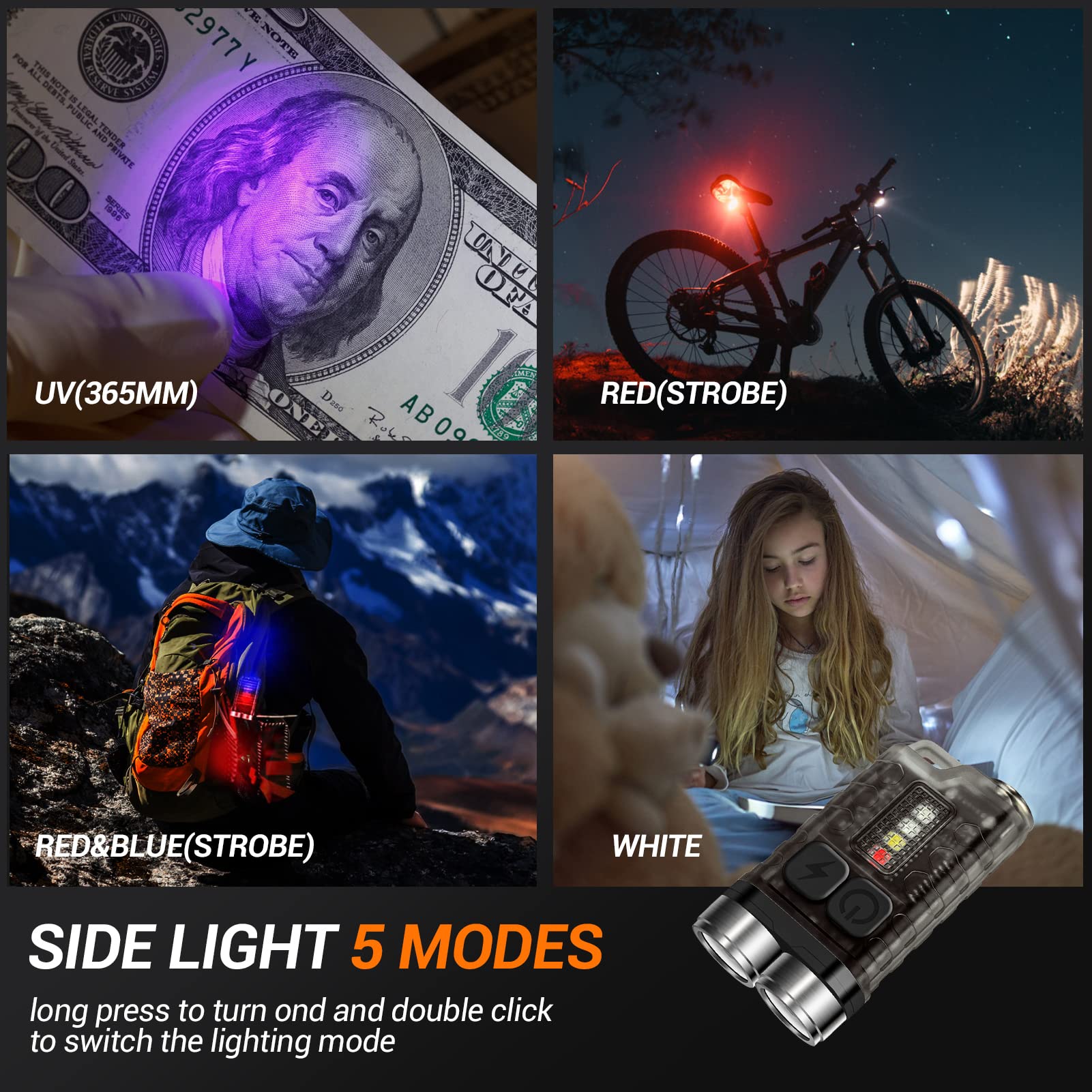 Fzh Edc Small Flashlight Powerful With 365Nm Uv Black Light (2Pc) - Super Bright 900 Lm Usb C Rechargeable Led Mini Keychain Flash Light With Cob Side Light, Magnet -11 Modes, Ipx65 Pocket Torch