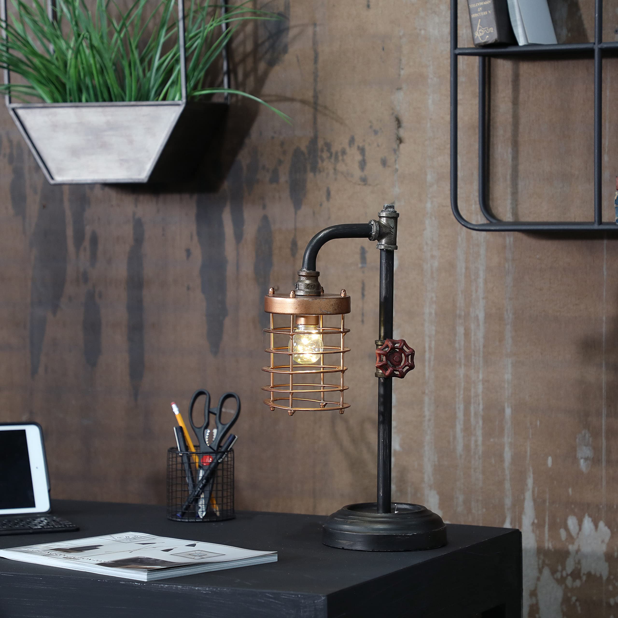 Sagebrook Home Industrial Table Lamp Vintage Metal Cage Design, Rustic Brown & Gold Finish Desk Light For Home, Office, Bedroom, Living Room, 11X6X18"
