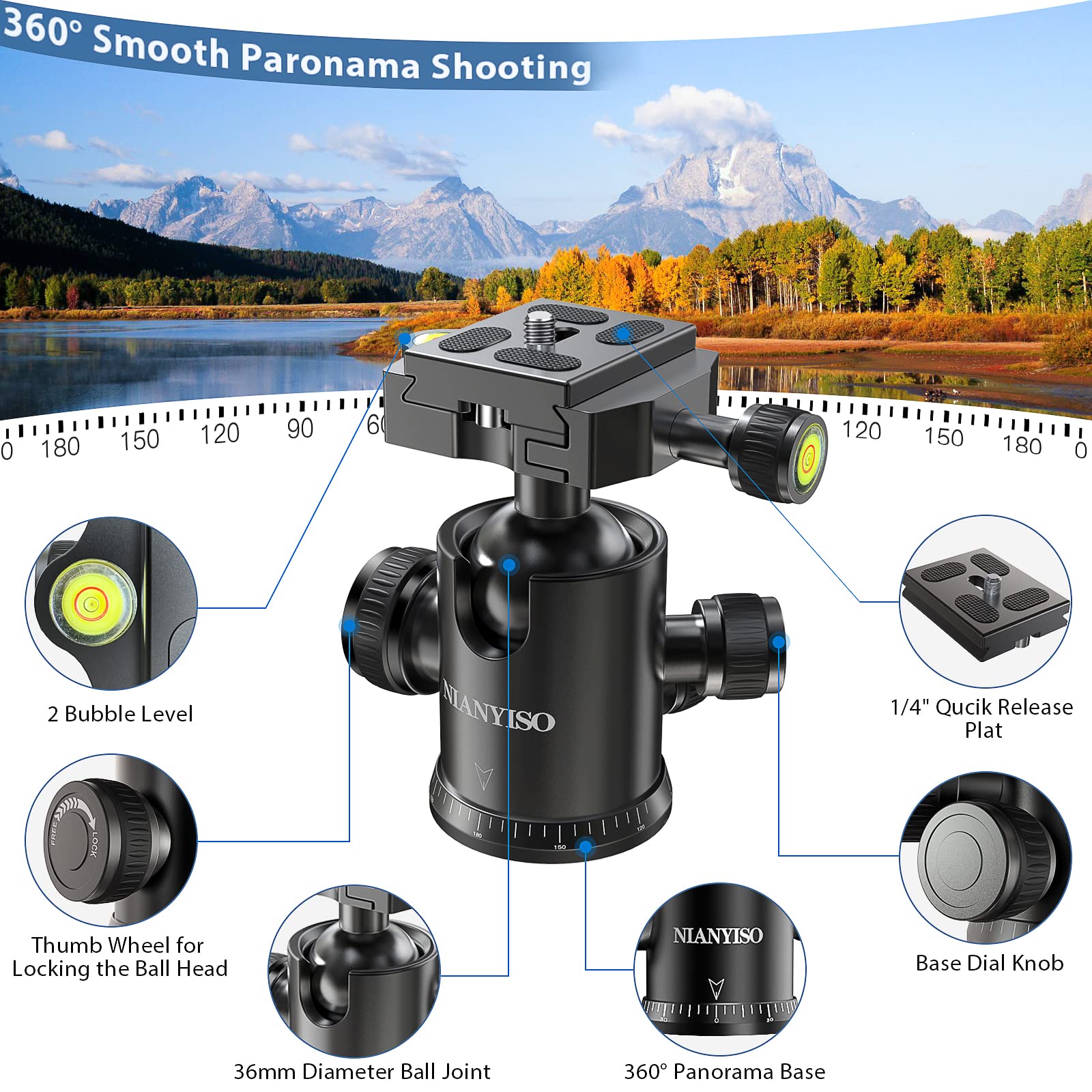 Nianyiso 77” Dslr Camera Tripod For Travel - Compact Tripod For Camera, Professional Tripods With 36Mm 360 Degree Ball Head, Lightweight Aluminum Camera Tripods & Monopods Load Up To 33 Lbs