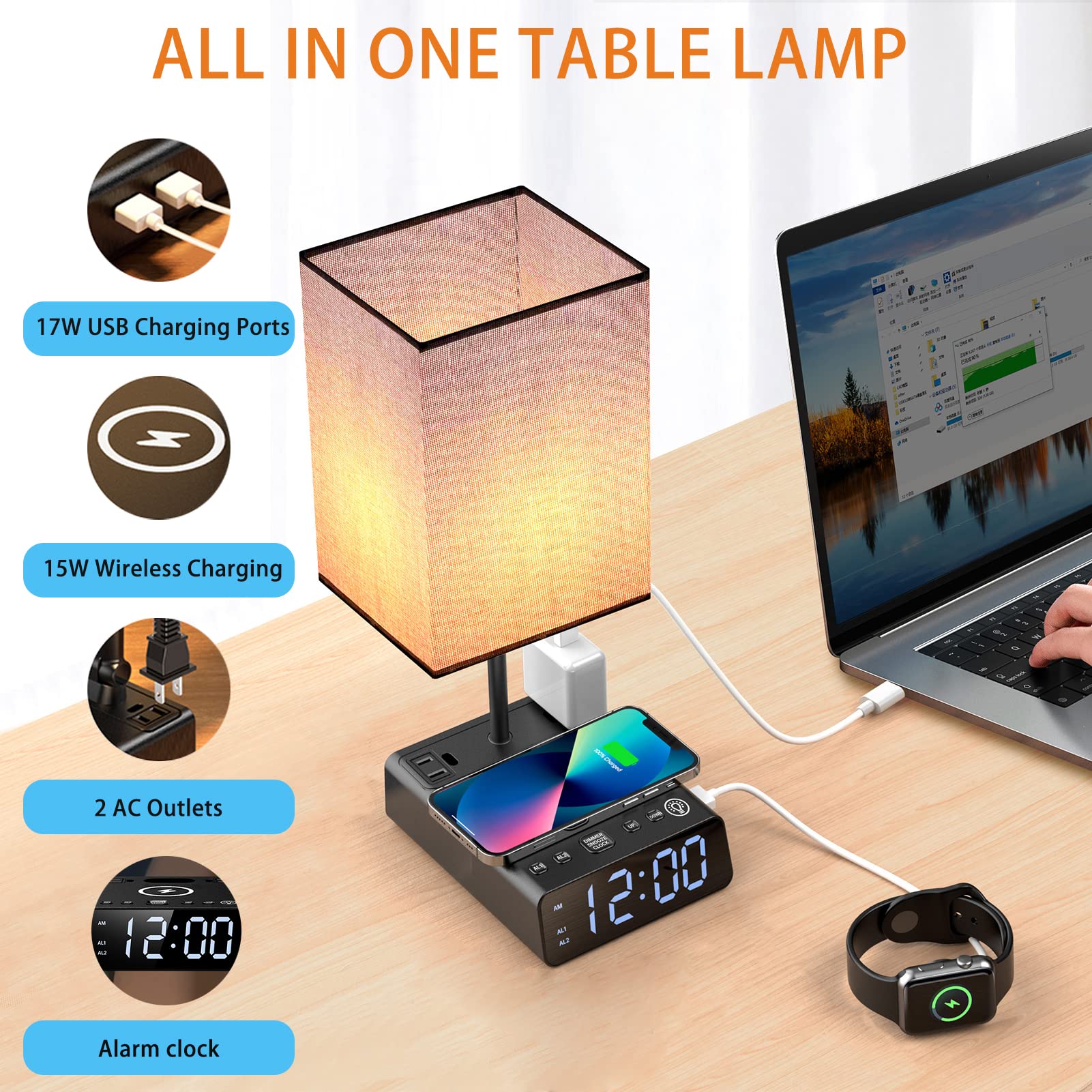 Mindore Bedside Lamp With Usb Ports & Ac Outlets, 15W Wireless Charger Table Lamp With Clock, 3 Way Dimmable Nightstand Lamps For Bedroom Living Room,Touch Lamp With Charging Station,Grey Shade & Black Base