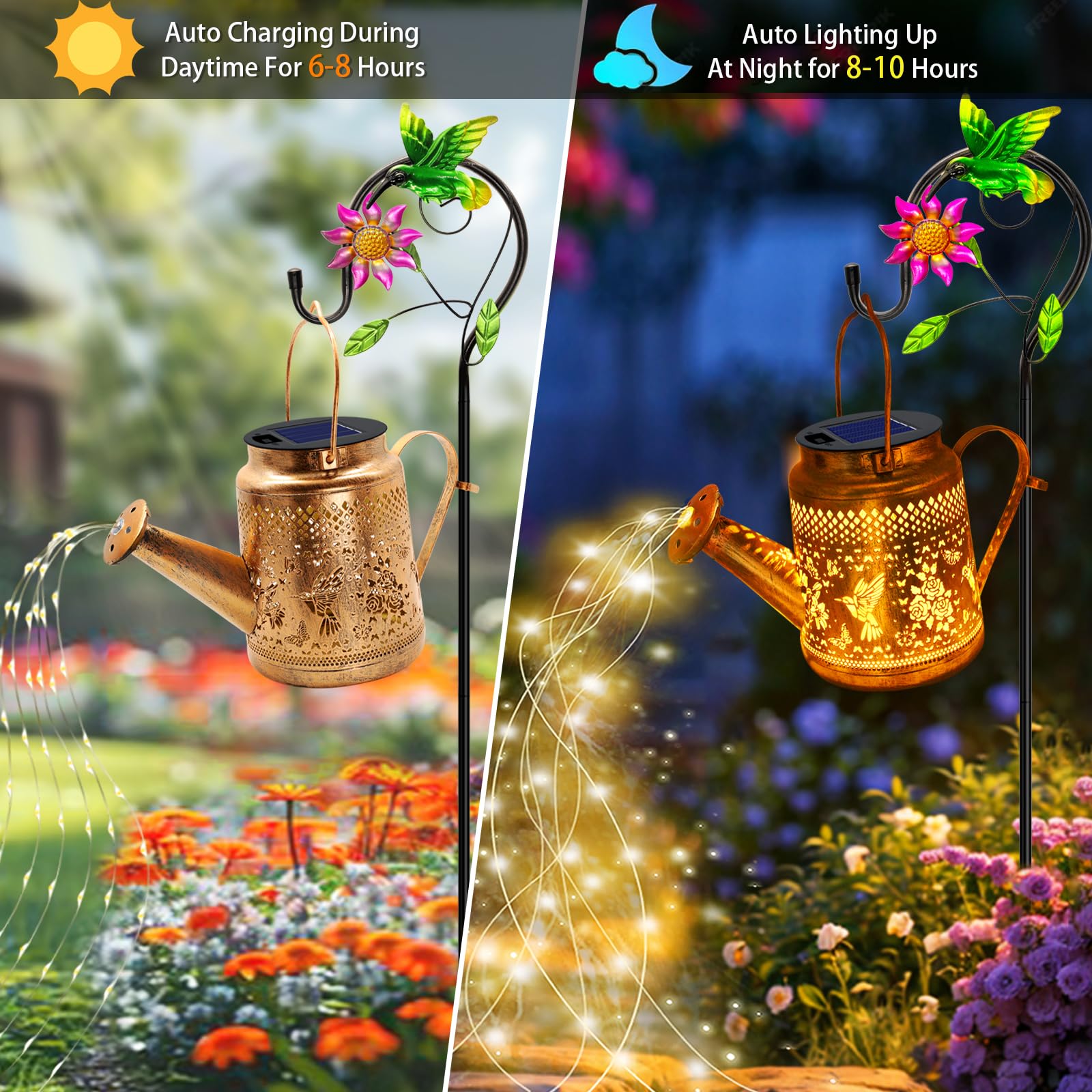 Yjfwal Solar Lanterns Outdoor Waterproof,Hummingbird Watering Can Garden Decor,Hanging Solar Path Lights Yard Art,Outside Patio Decorations Gardening Birthday  For Mom Grandma Women With Shepherd Hook