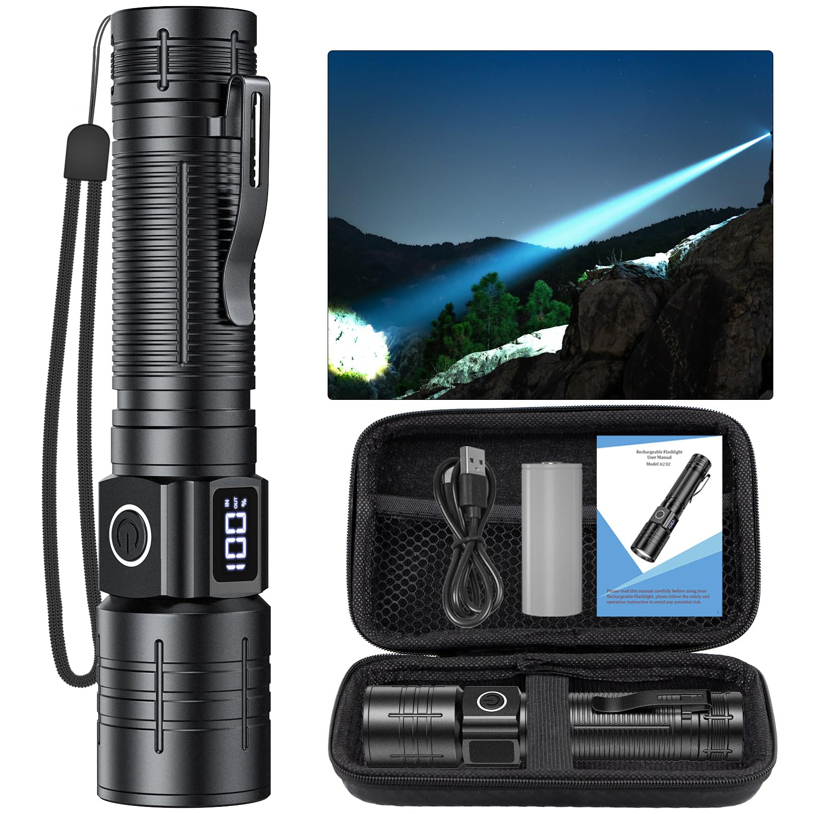 Netcan Led Flashlight, High Powered 50000 Lumens Super Bright Utility Flashlight, Rechargeable Flashlights High Lumens, 6 Modes Zoomable Waterproof Flash Lights For Emergency, Camping, Hiking