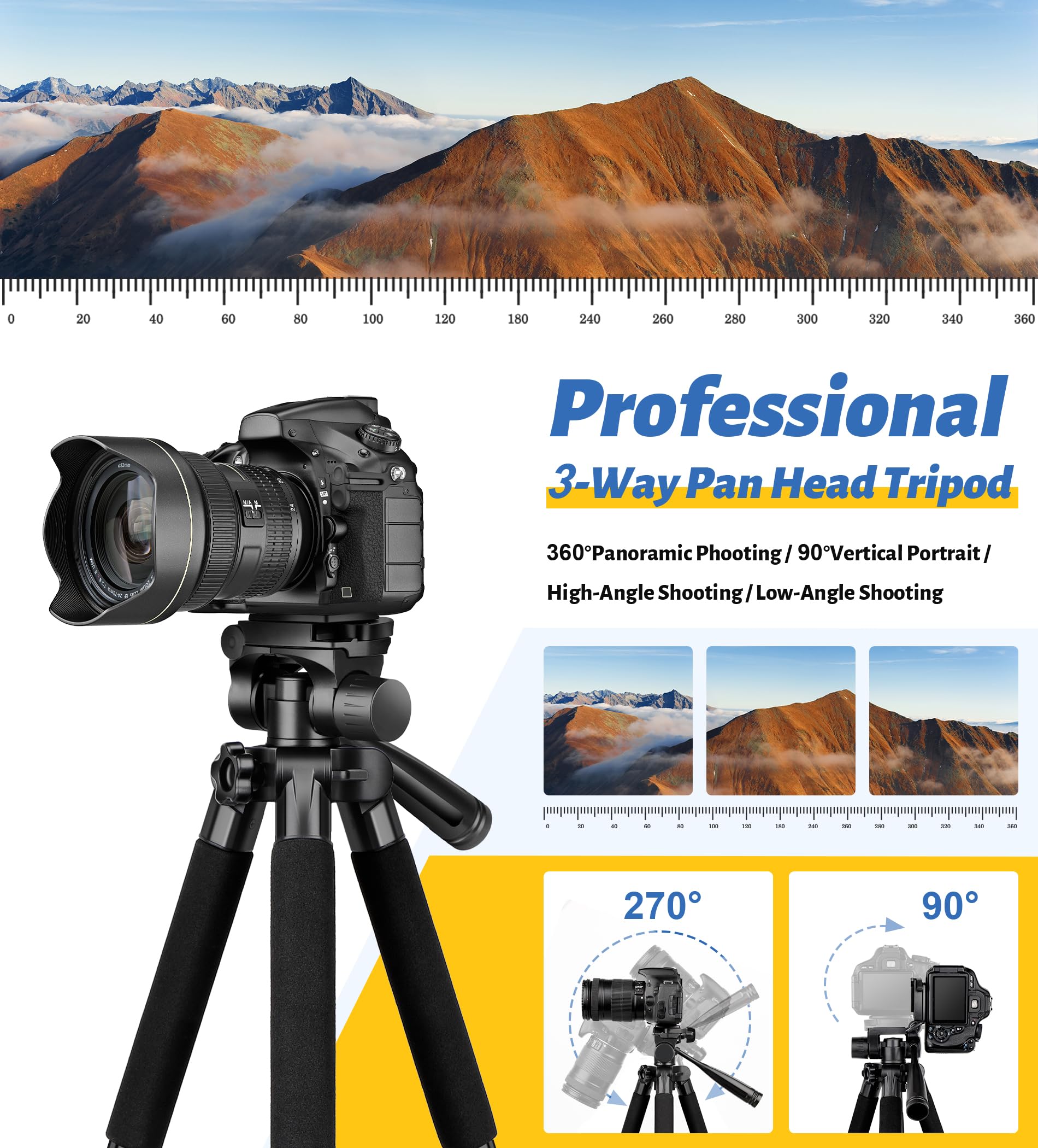 Joilcan Tripod For Camera, 67" Heavy Duty Camera Tripod, Phone Tripods For Video Recording Photo Vlog, Aluminum Tripods With Holder & Travel Bag For Cameras Dslr Iphone Projector Laser