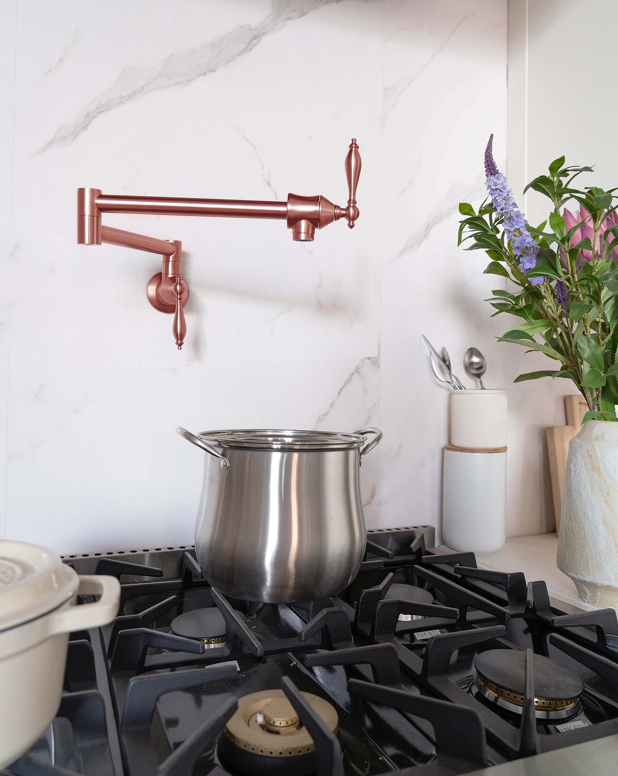 Sinda Pot Filler Kitchen Faucet Kitchen Sink Faucet Wall Mount Solid Brass Double Joint Swing Arm Folding Kitchen Faucets With Single Hole Two Handles, Brushed Copper