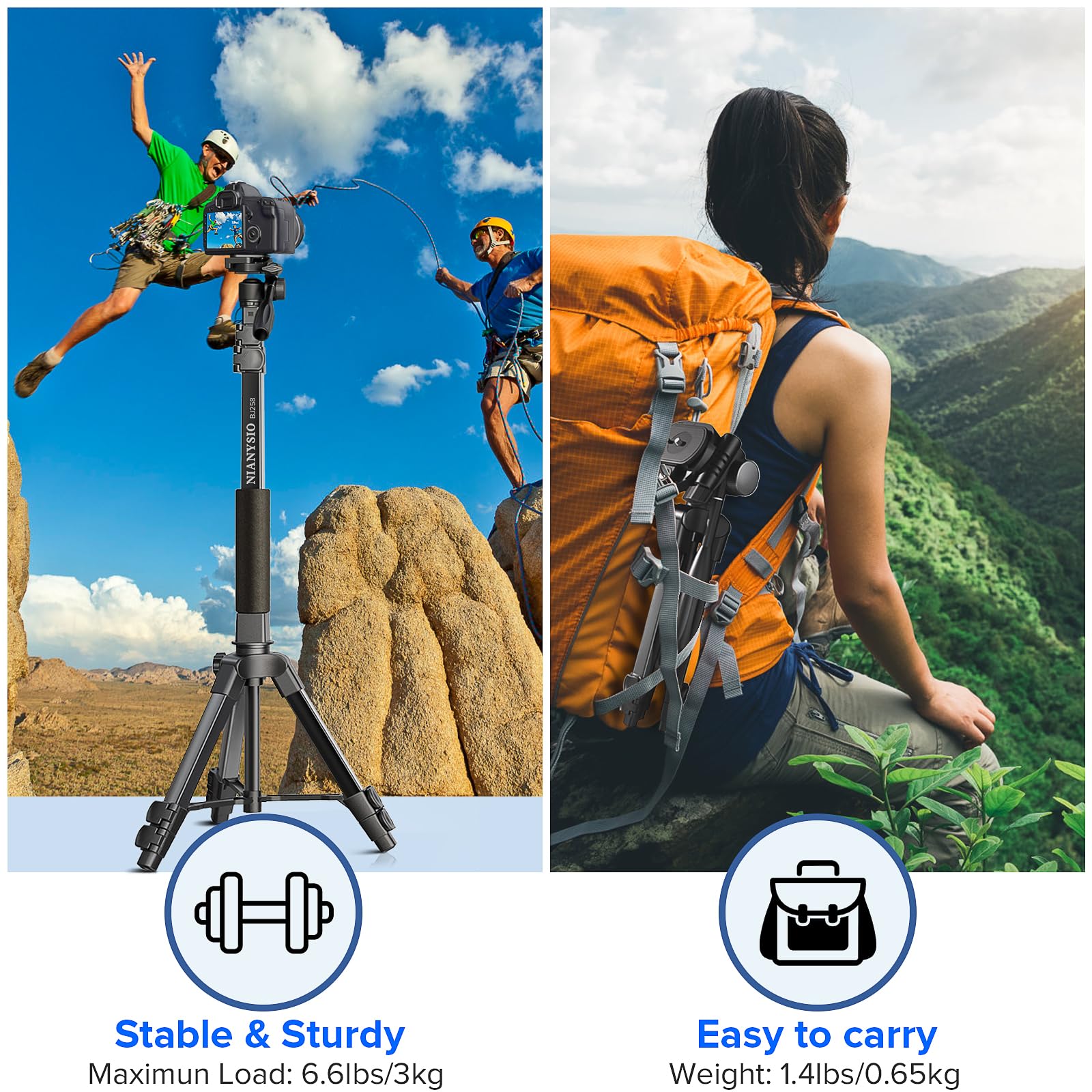 Nianyiso Camera Tripod For Camera, 66.7 Inch Patented 3-Way Rotating Portable Cameras Stand Professional Travel Phone Camera Mount Monopod For Cameras, Smartphones, Suitable For Various Live Vlogging