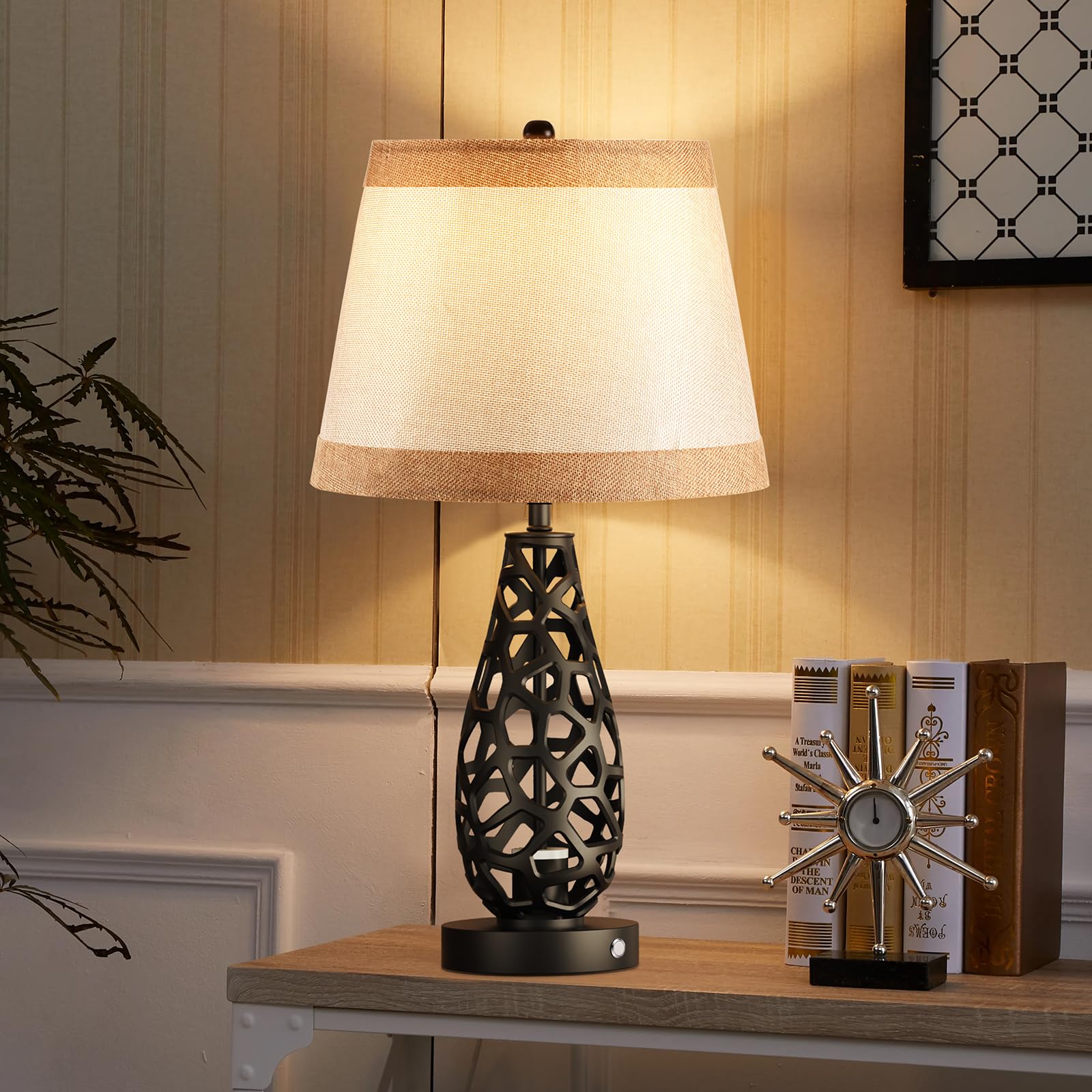 Bird&Fish Touch Control Table Lamp Modern Bedside Lamp Bedroom Lamps 3 Color Dimmable Nightstand Lamp Night Lamp Desk Lamp For Living Room Hollow With Usb-A And Usb-C Charging Ports (Black-1)