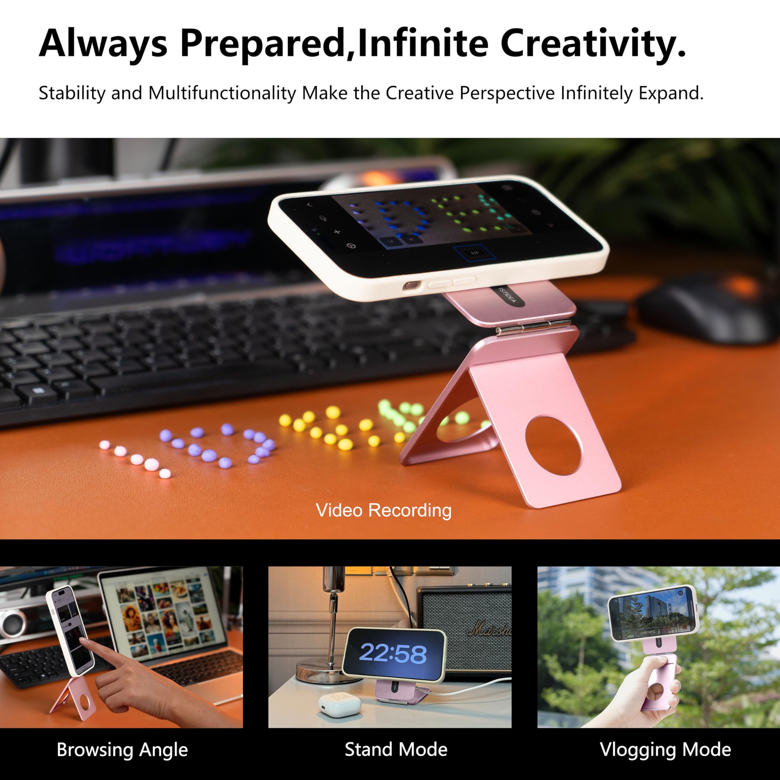 1St Idea Phone Tripod Stand, Aluminum Alloy Mini Tripod Compatible With Magsafe Iphone 16/15/14/13/12 Series, Foldable Strong Magnetic Phone Stand, Mult-Angle Adjustment Selfie Stick (Pink)