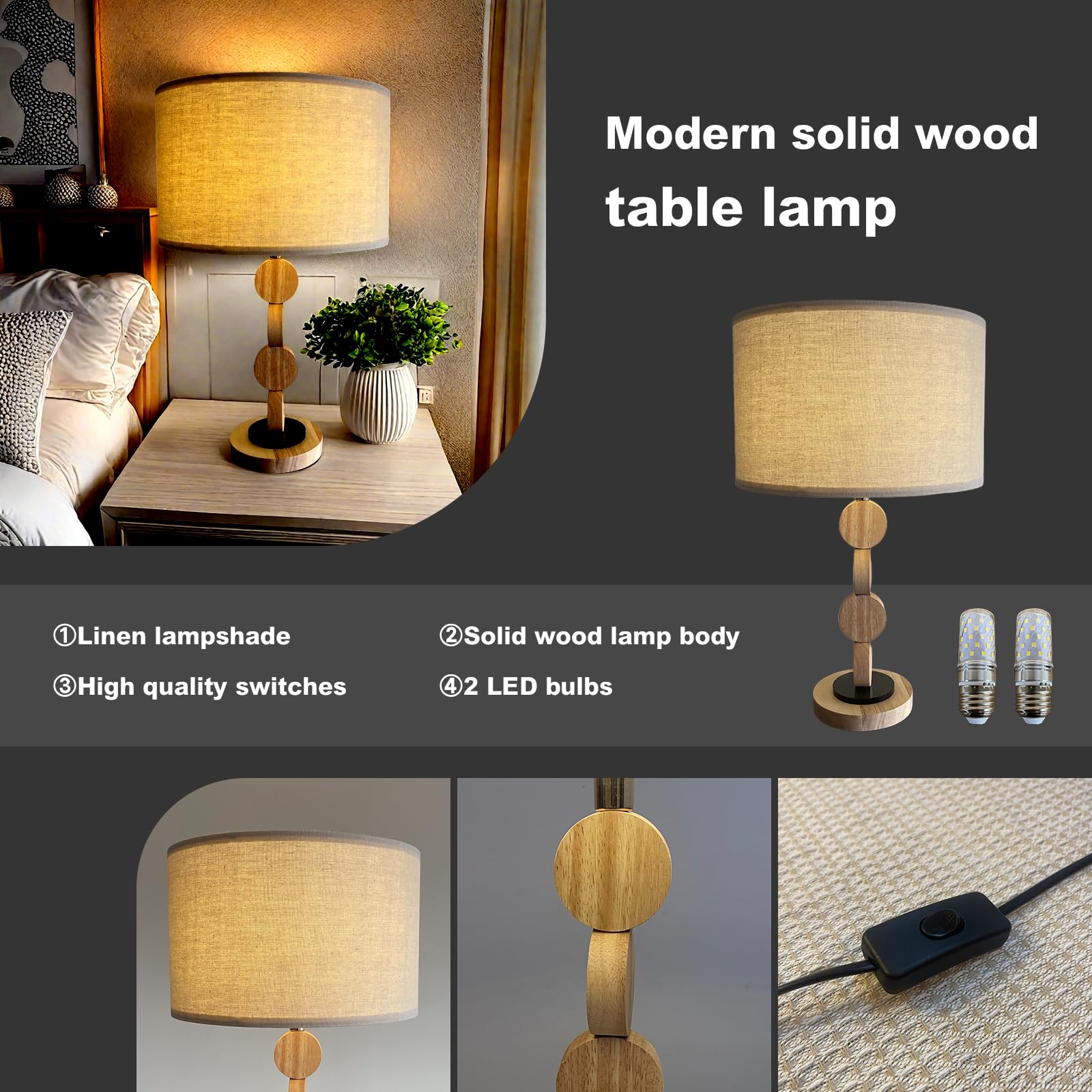 Jingoe 18.8" Modern Wooden Table Lamp Set Of 2, Solid Wood Modern Living Room, Nightstand Bedroom Farmhouse Table Lamp, Linen Lampshade (Includes 2 Bulbs)