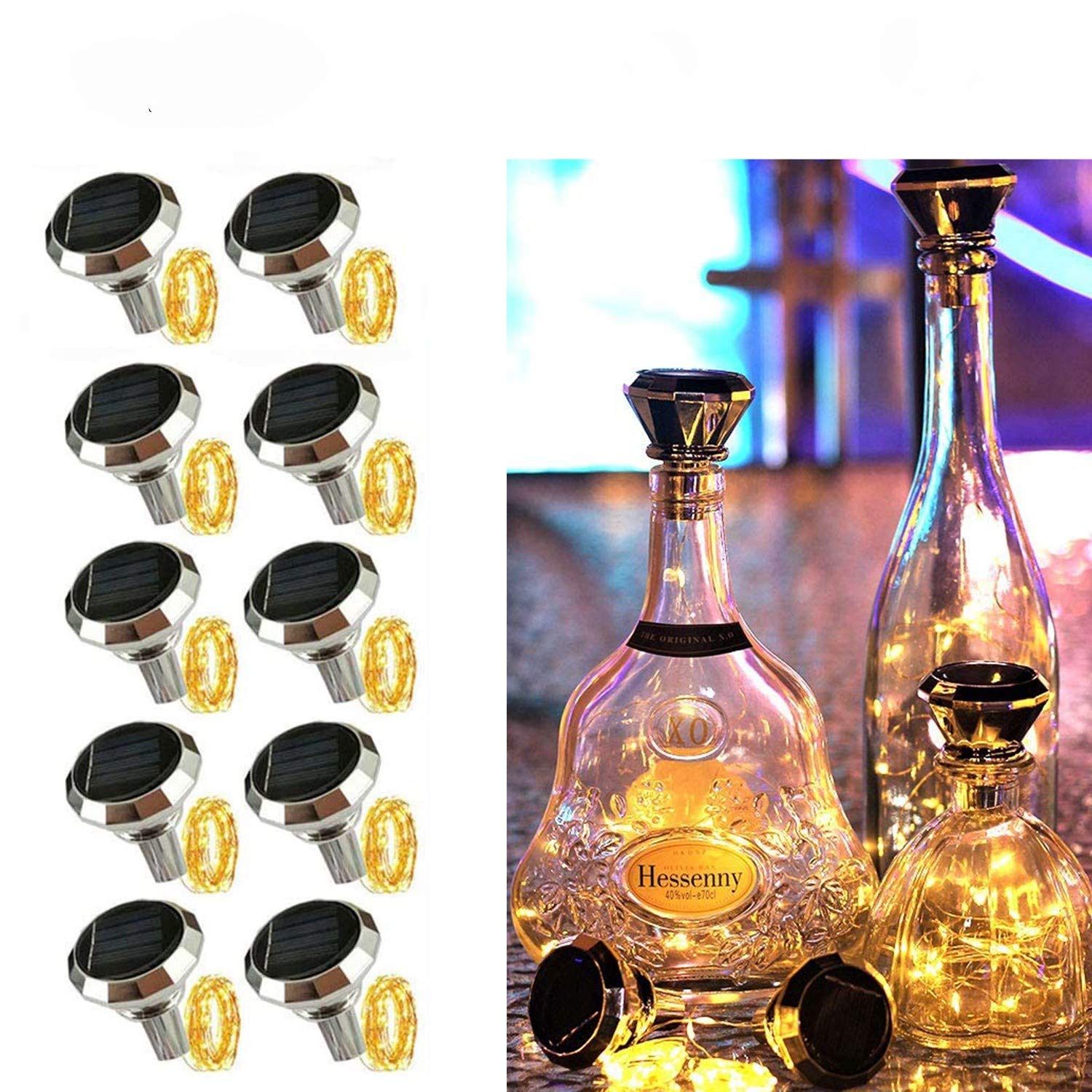 Angmln Solar Diamond Shaped Wine Bottle Cork Lights 10 Pack Solar String Fairy Lights Outdoor Waterproof For Wedding Holiday Garden Patio Pathway Bar Concert Indoor Outdoor Decorative (Warm White)