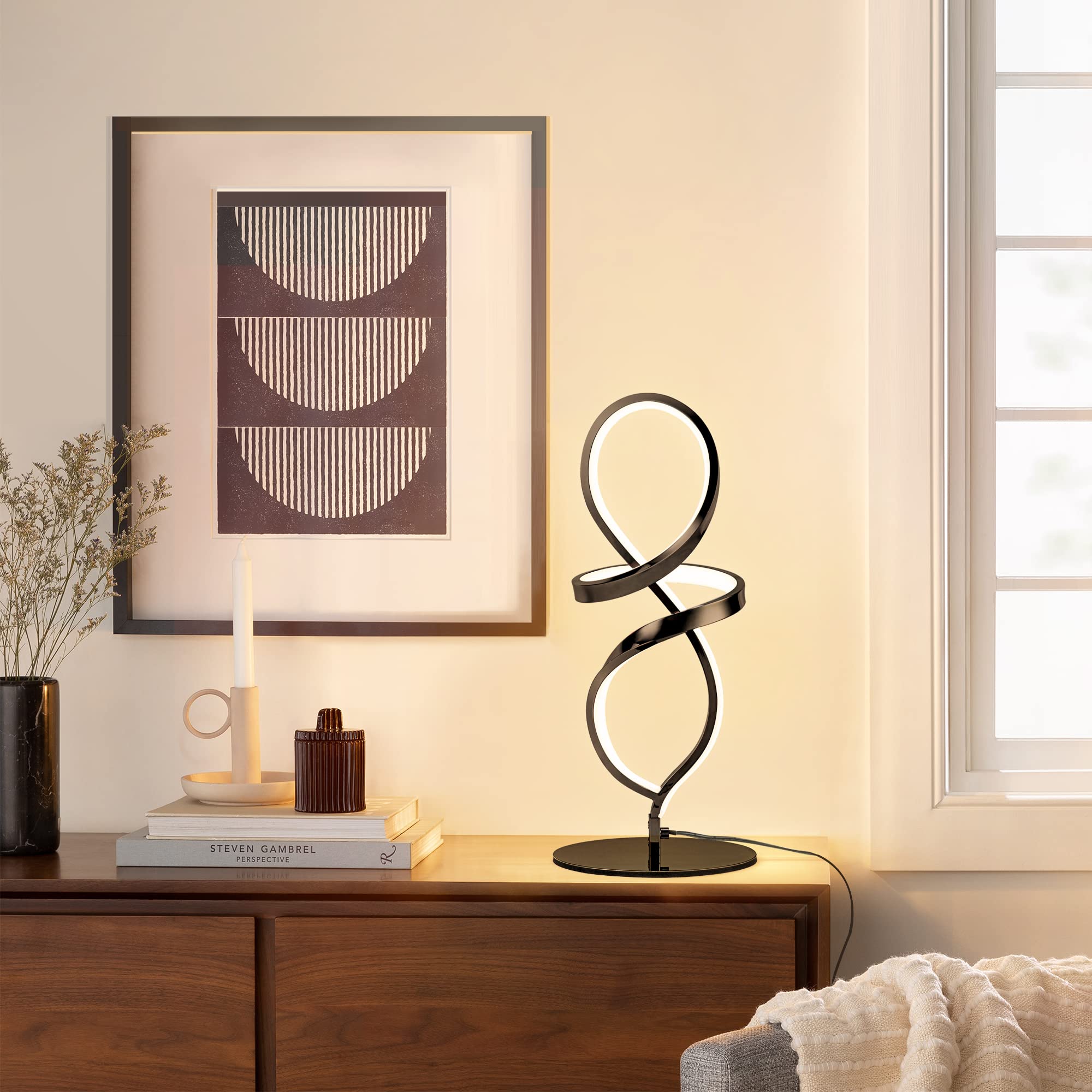 Mayful Modern Table Lamp With Led Spiral Design, Bedside Lamp With Stepless Dimming Switch, Contemporary Nightstand & Black Table Lamp For Bedroom, Living Room, Home Office, 12W 3200K Warm White