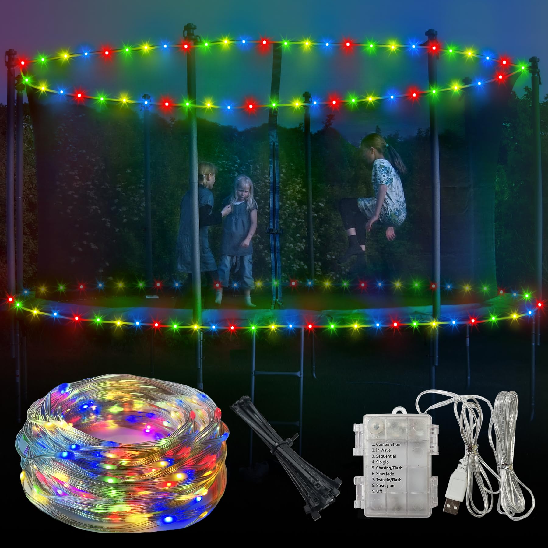 Steelway Lights For 16Ft Trampoline, 71Ft Battery Operated Lights Waterproof Outdoor, 200 Leds And 8 Modes Camping String Light, Adjustable Length Rope Light For 16Ft/15Ft/14Ft/12Ft Trampolines