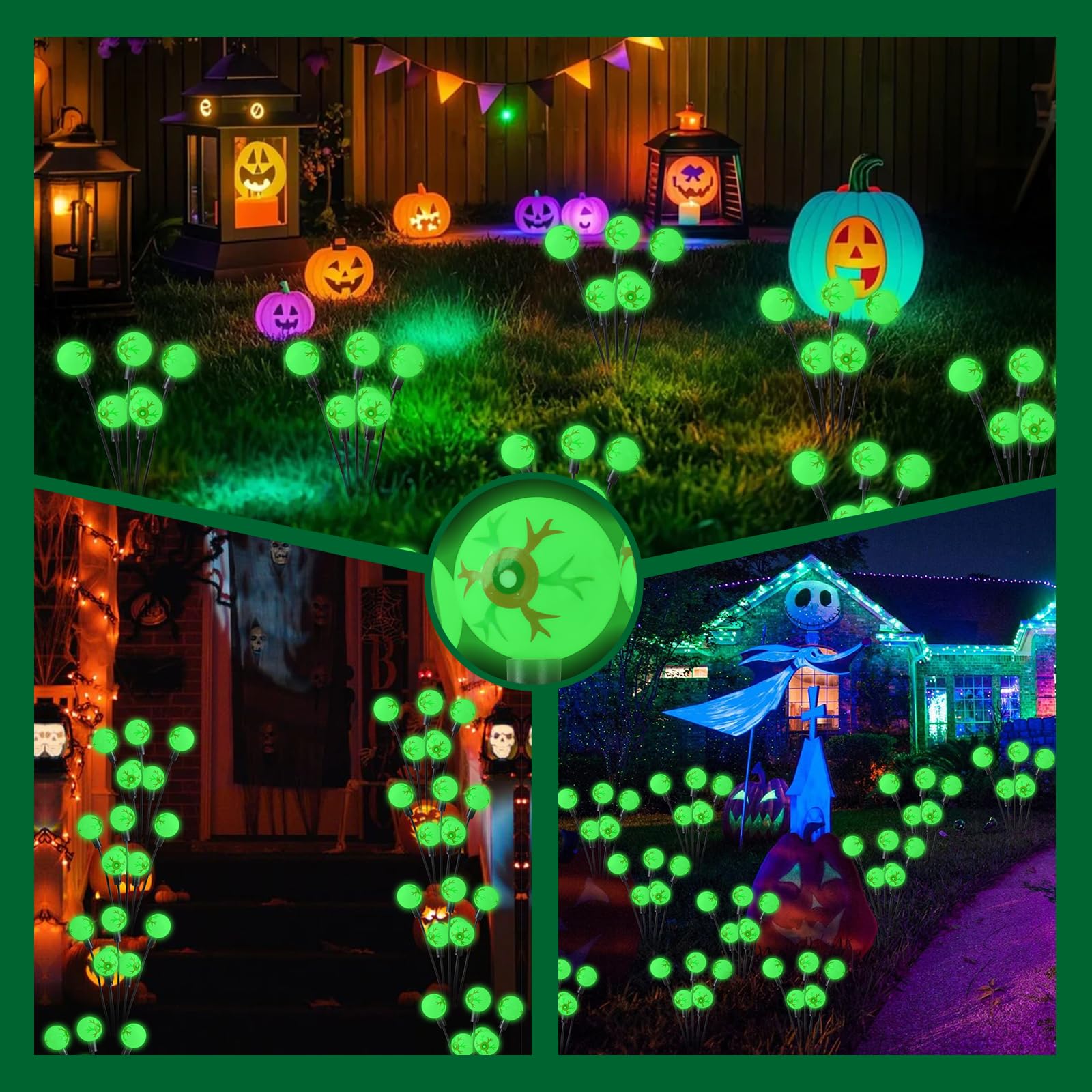 Mououso Solar Halloween Lights，2 Pack Green Halloween Eyeball Lights Outdoor, Solar Firefly Lights Swaying By Wind With 2 Modes Halloween Pathway Lights For Patio Yard Garden Halloween Decorations