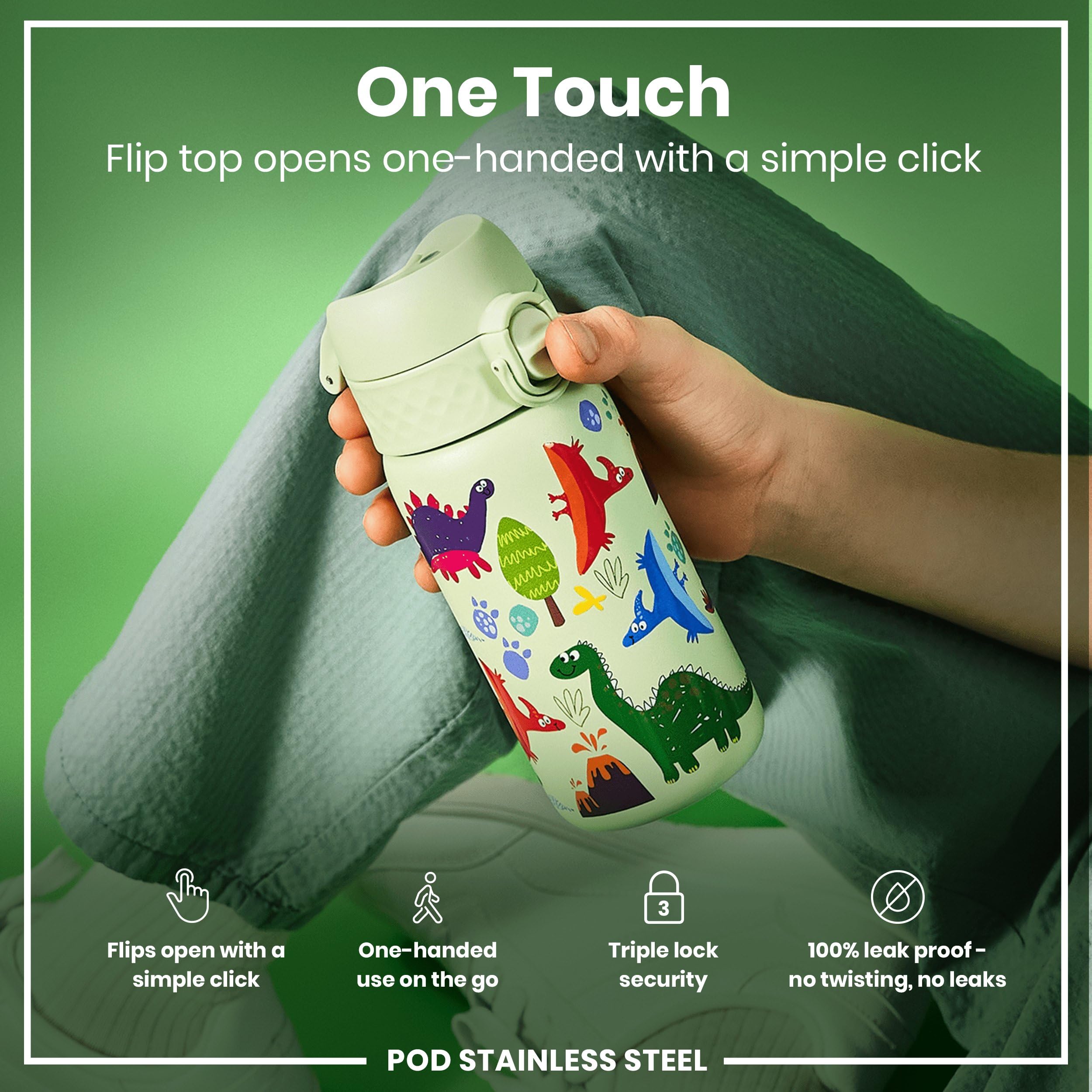 Ion8 Kids Water Bottle, Steel 400 Ml/13 Oz, Leak Proof, Easy To Open, Secure Lock, Dishwasher Safe